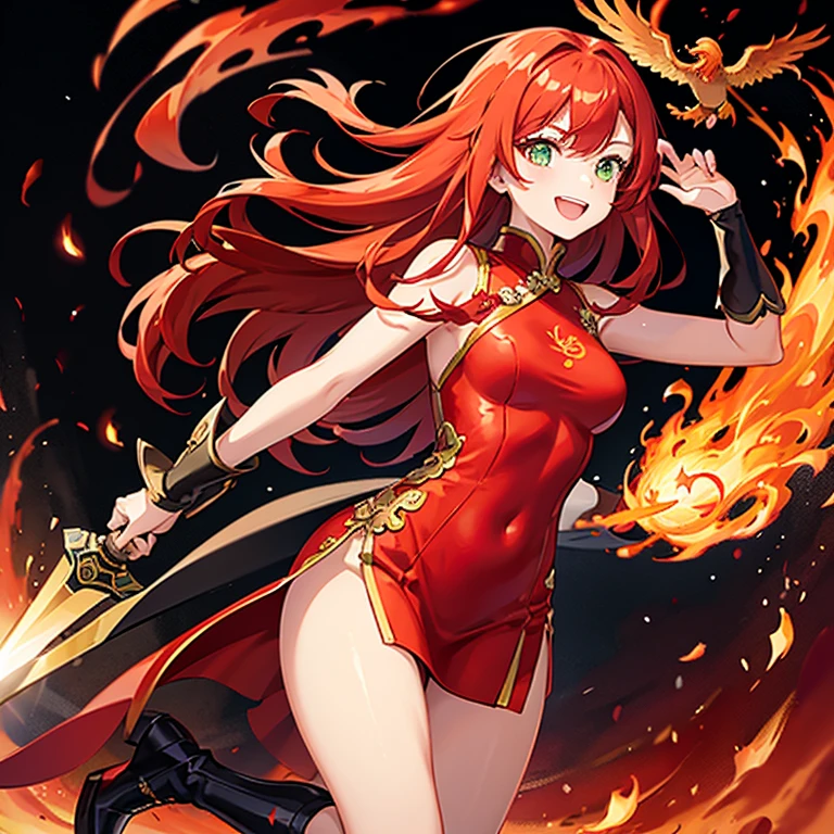 A cheerful girl who is the embodiment of a phoenix..、Redhead sidetail、bangss、Green eyes、Red cheongsam（slit）、Thigh exposure、Long black boots、There are red feathers on the back、raise a hand、Fire Effects、holding swords、a smile