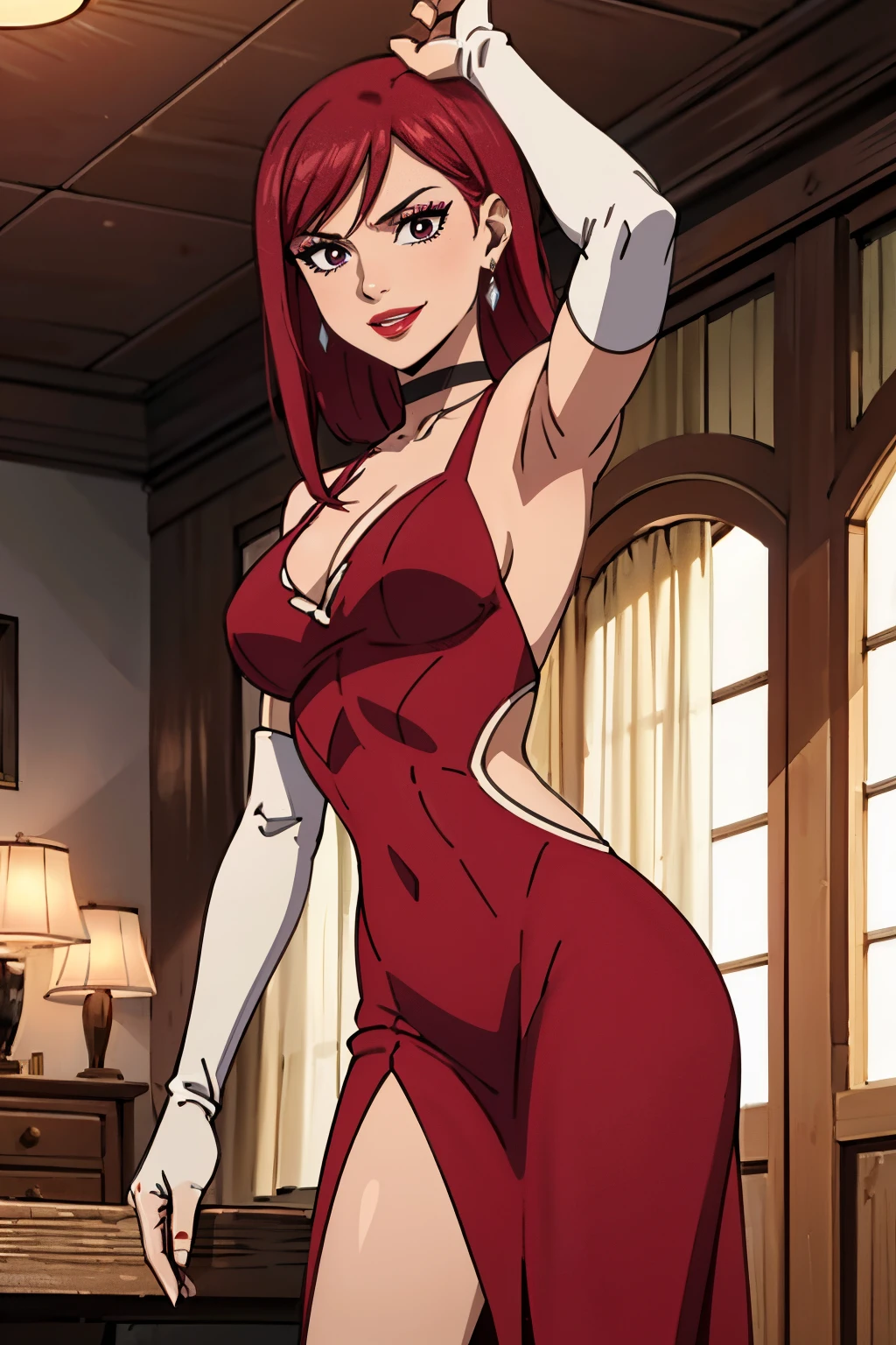 erzascarlet, red dress, long dress, backless dress, long white elbow gloves, smile, light red lipstick, dark purple eye shadow, makeup, black choker, cowboy shot