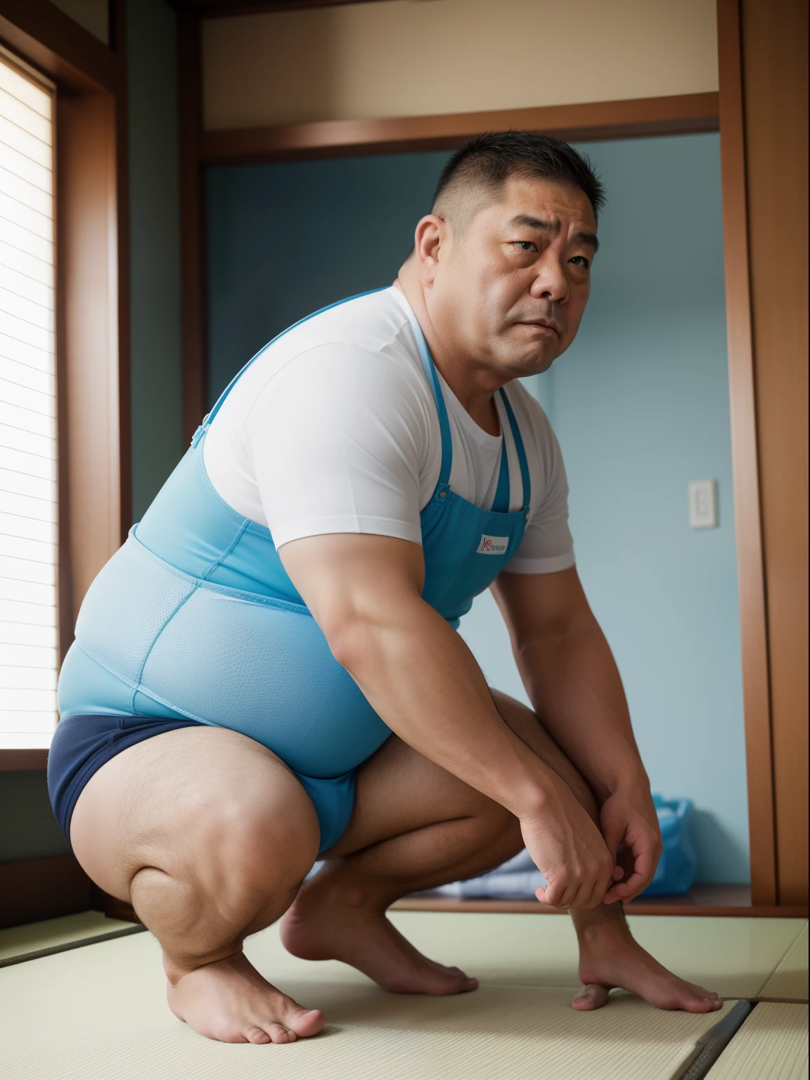 A thick man is 50yo in japan, He stand and slouching look down, dwarfism, Wearing a light blue short sleeve and white diaper, Pampers, Pacifier and bib, Bare legs, crew cut, tearful, expression of agony, There is a small puddle at his feet, from side, playroom, a picture, high detail photo, masterpiece