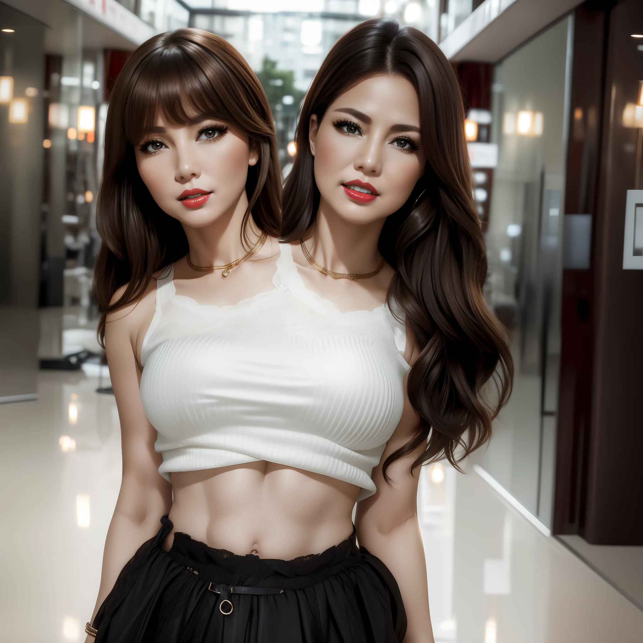 2 heads,Photo of a 50-year-old woman with brown hair, a captivating gaze, Brown eyes, Wrinkles on her face, Black pantyhose,Black High Heel Boots,She wears very sexy lingerie underwear、、Revealing her large sagging breasts, Light makeup and red lips. 32K