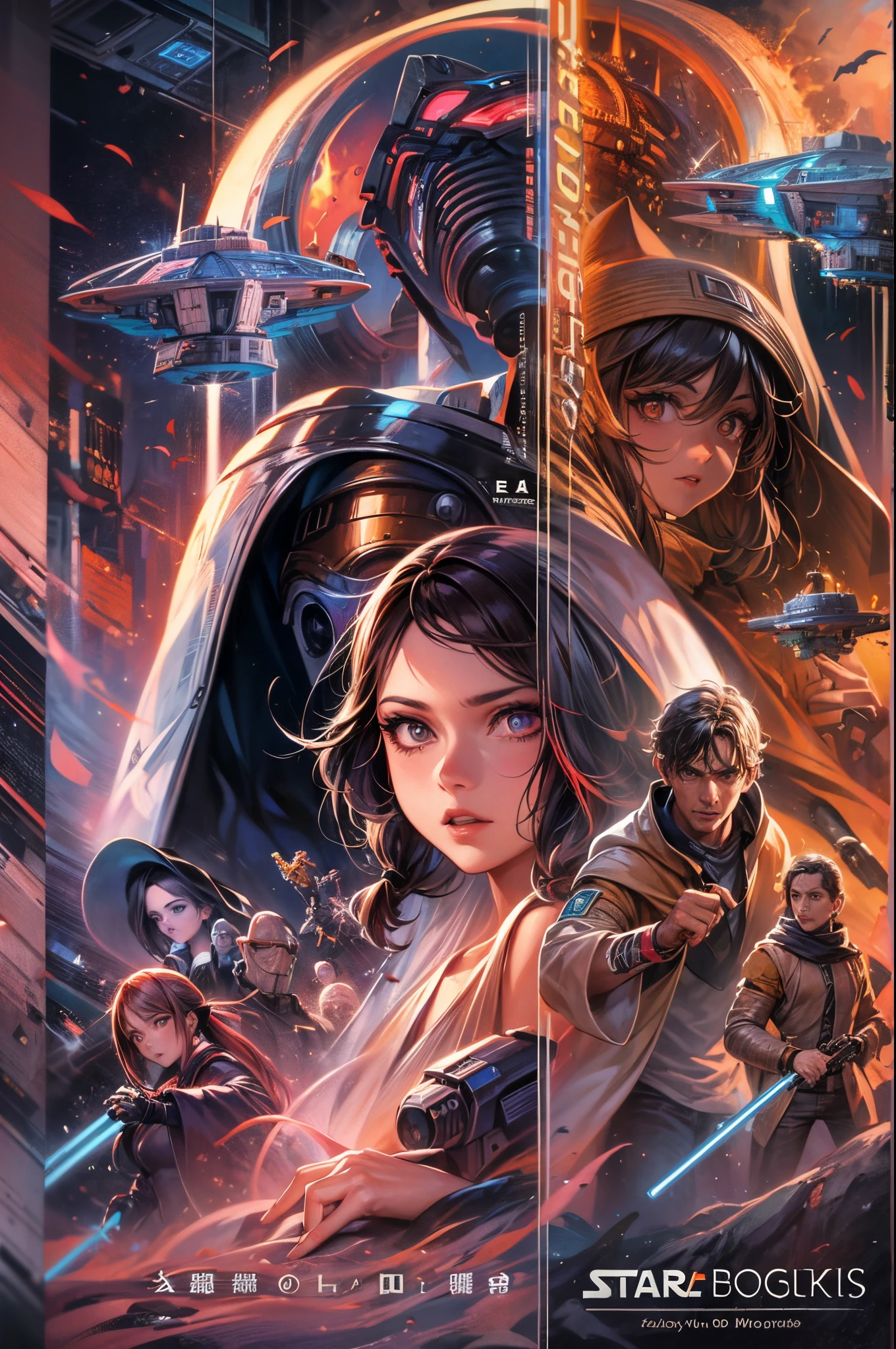 "((Animee)) book cover for Star Wars, dramatic scenes, ((expressive characters)), futuristic details, vibrant and ((captivating colors)), dynamic composition,