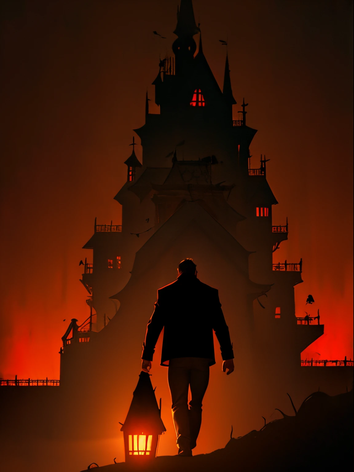 A man walking into a haunted house, frightened look, screaming man, ((Background: haunted house)), shooting from the back, ((evil)), (red colored background), horror movie, dreary, magnificent, fog, low key, at night, (RAW photo, 4K, Realistic, Exquisitely Detailed Skin), Masterpiece, Best quality, offcial art, Unity 8k wallpaper, Ultra detailed,(Soft lighting), Cinematic light,