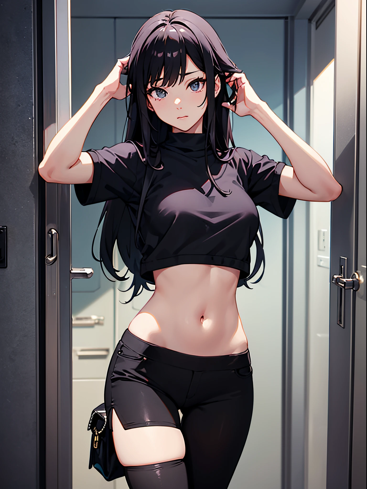 An ordinary high school girl trying on a black monokini in a store fitting room。The body is supple、Has good muscle mass。Long legs and toned abdomen。Her breasts are also a good size、The overall balance is very good、Healthy and her skin is a little tanned。