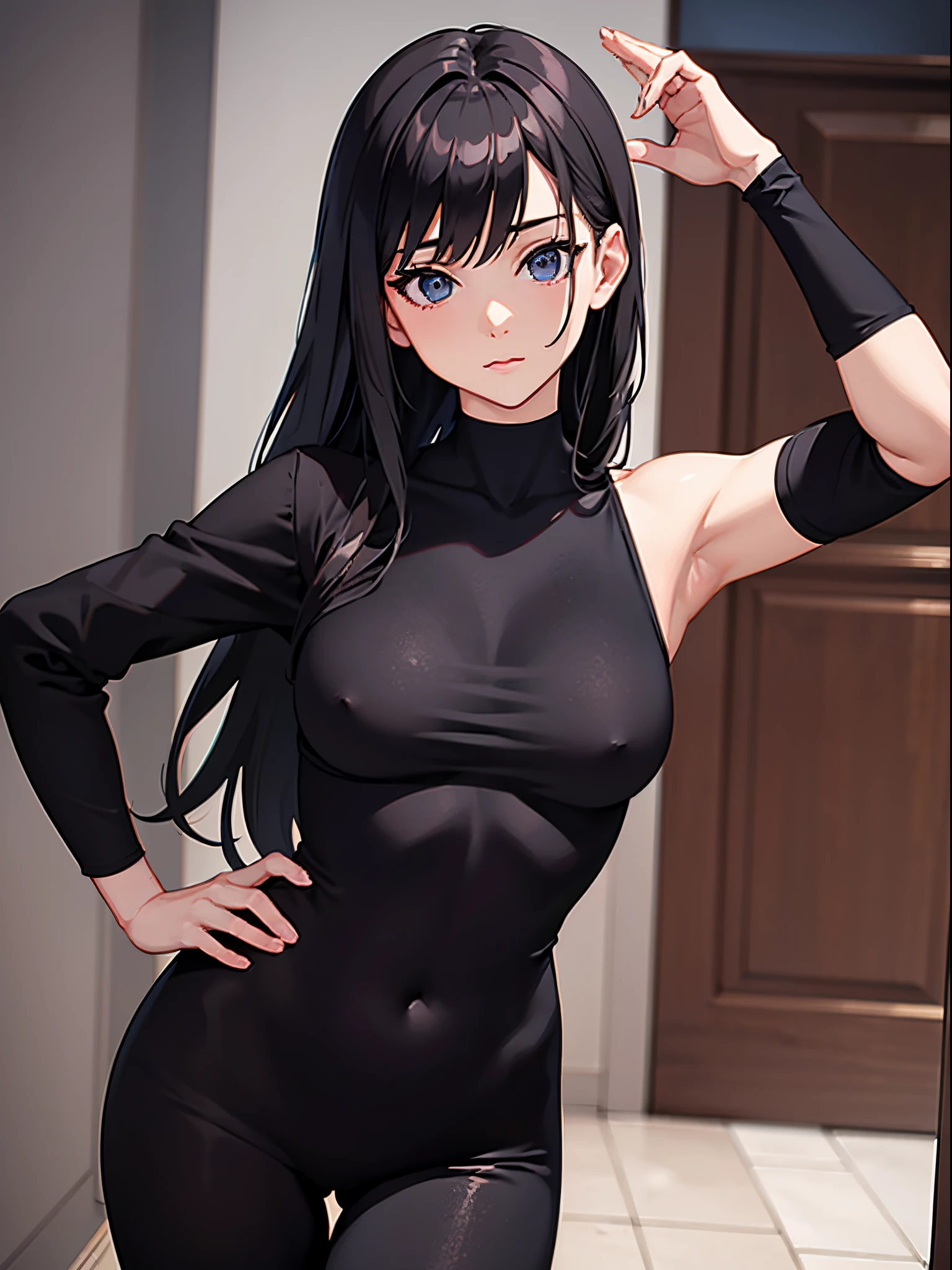 A woman who is，Wear black leggings，Posing for photos leaning against the door, The head is not exposed，Wearing half-sleeved upper body，[ 4K realism ]!!, [ 4K realism ]!!!, [ 4K digital art ]!!, Realistic shadow perfect body, realisticlying!!!!!!! art-style, photorealistic anime, by Shitao, Popular topics on cgstation, Casual pose, realistic anime 3D style