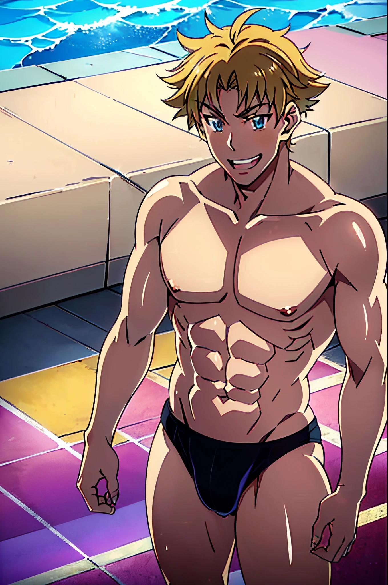 8K Wallpaper,(Ultra High Definition Face), Perfect Anatomy, musculature, (Bulge), Black((Men's Competitive Swimwear)), ((Shiny body)), (Super masterpiece), Sunshine, in poolside, hight resolution, (Ultra high definition), 1boy, ((shiny)) Swimwear, Anime coloring, (toppless),genshirou_saji,blonde hair,blue eyes,From  above、Laugh