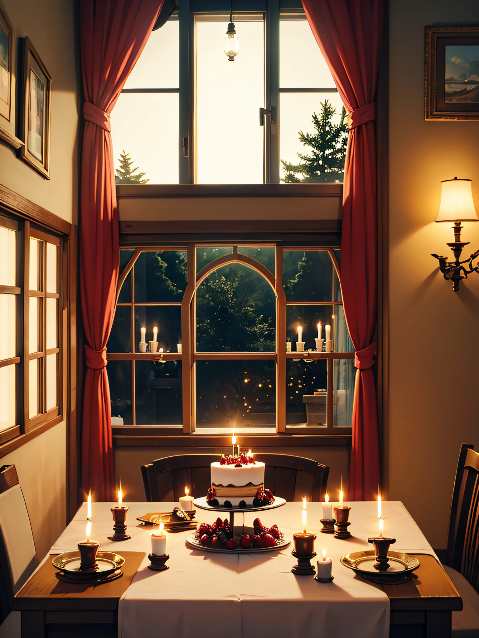 A beautiful cake on the table, candles, a window , lighting from window