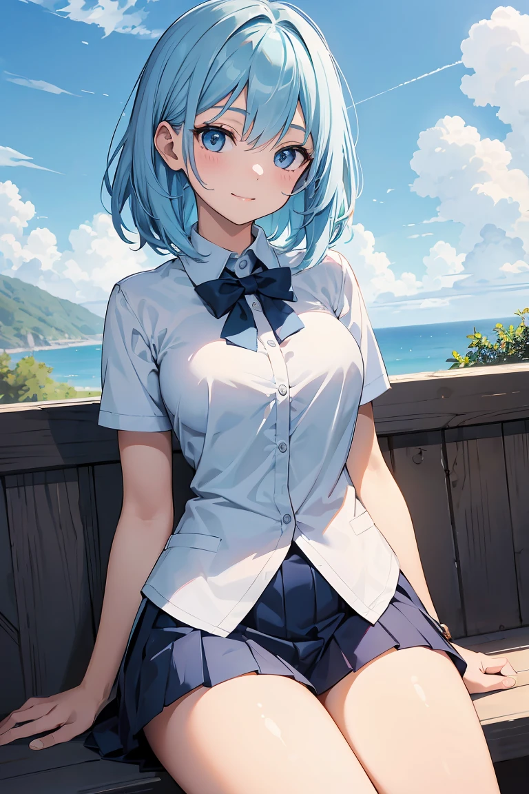 masterpiece:1.2, best quality, ((ultra detailed)), high resolution, 2d, anime style , photo, photography, detailed background, ((medium hair,light blue hair,medium breasts))
BREAK
solo,(droopy eyes:1.3),20 years old, (,tall face, tall female)), ((blue eyes;1.2 )), beautiful thighs,
BREAK
sitting,smile ,beautiful sky, cloud, background, school uniform
BREAK
pastel colors:1.4, solid paint:1.2, saturated color, contour