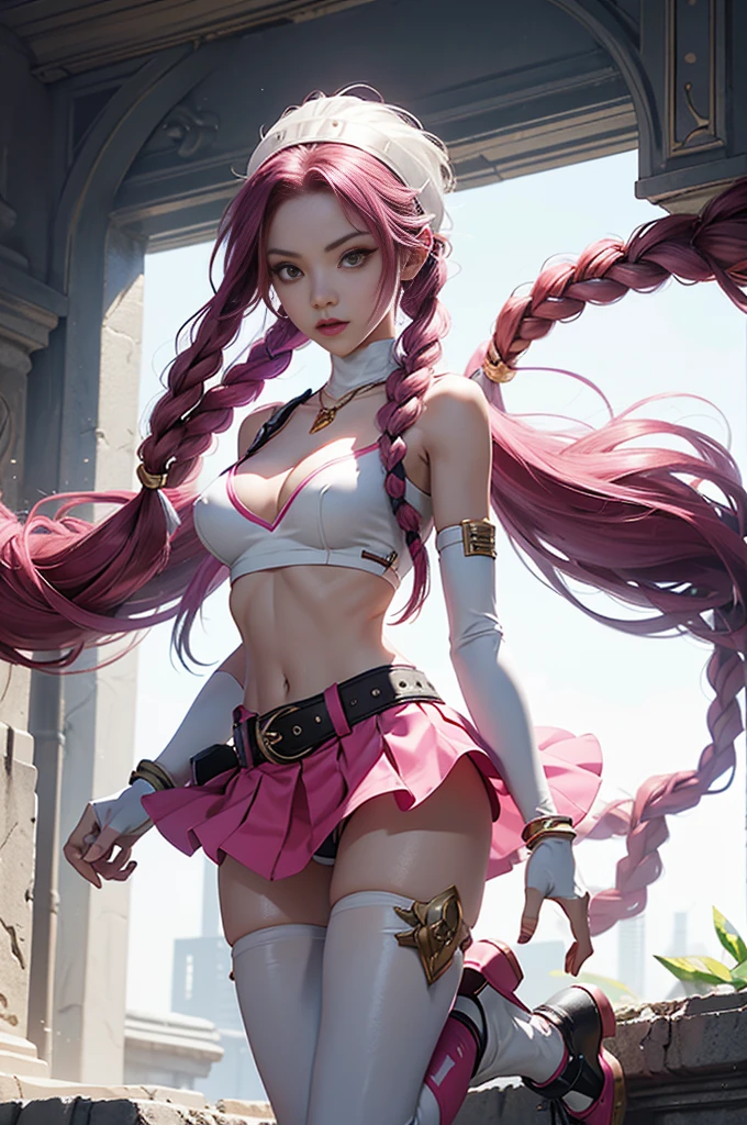 league of legend, (jinx \(league of legends\), 1girl, twin braids, single elbow glove, short shorts, bikini top only, necklace, belt, bullet, fingerless gloves), Solo、full body shot of,standing on your feet,head to toe,slimfigure、White web set、White plastic tights paired with thin clothes, golden glove、 ((mini-skirts)),Wearing pink tights under skirt、 (Full body suit that does not expose skin), shiny thin clothes、White plastic ceramic full body suit、Body-hugging armor