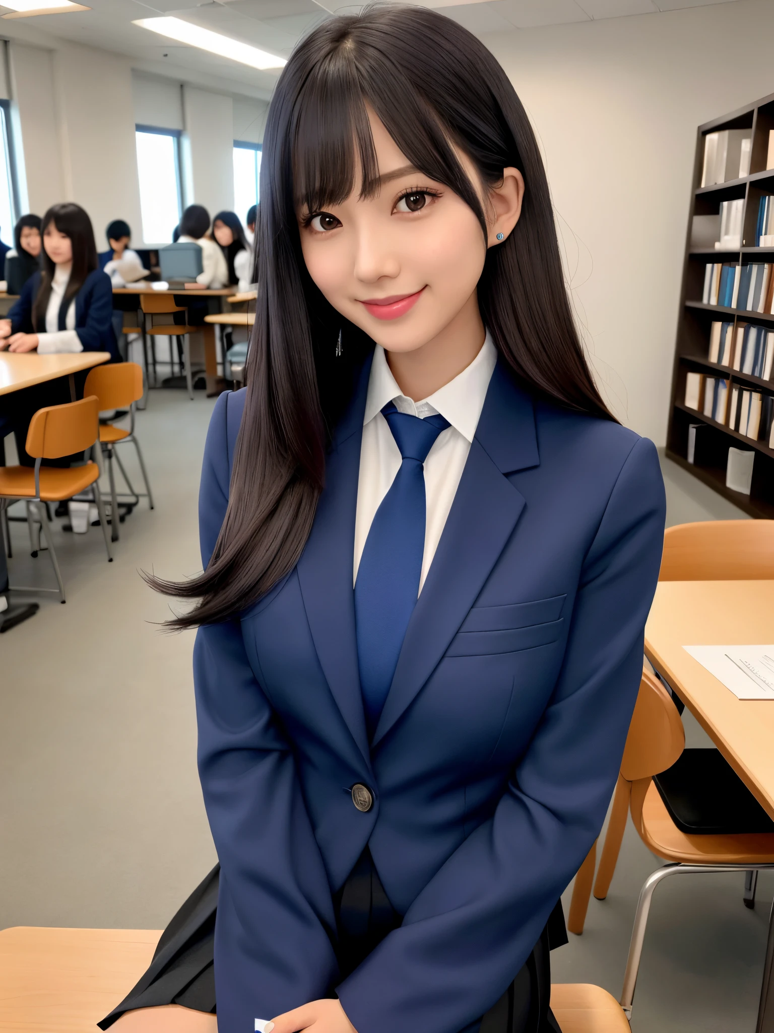 product quality, 1girl, upperbody shot, front view, a Japanese young pretty woman, long bob hair, sitting on a chair in front of a desk in a library with a big smile in a high school, glamorous figure, wearing a dark blue blazer over a white collared shirt、wearing a shiny satin dark blue plain long tie, wearing a dark blue pleated skirt, hyper cute face, glossy lips, double eyelids in both eyes, natural makeup, long eyelashes, shiny smooth light brown long bob hair, asymmetrical bangs, skin tanned, central image, high resolution, high detailing, detailed hairstyle, detailed face, spectacular movie lighting, octane rendering, vibrant, hyper realistic, perfect limbs, perfect anatomy