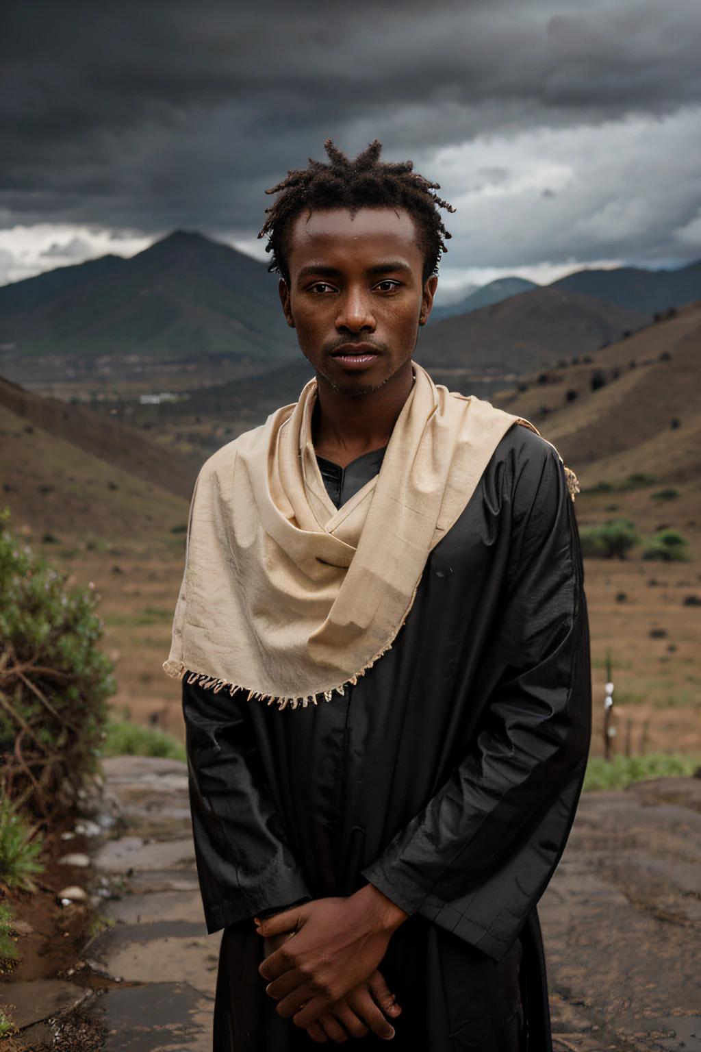 boy, Ethiopian, Ethiopia, konso landscape, fresh graduate, black gown, in the rain, sad, cloudy , mountain and landscape,
