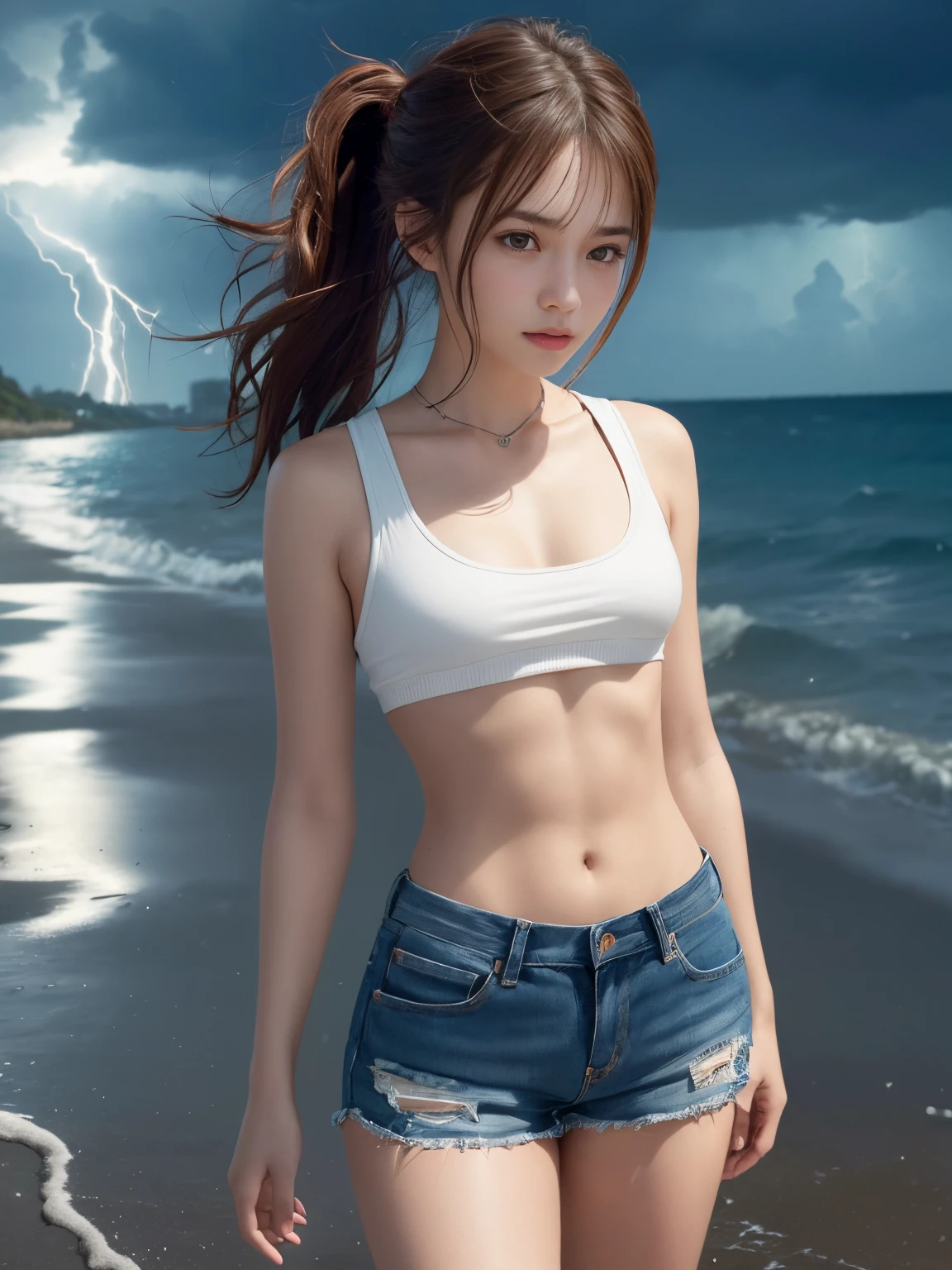((Small breasts))), ((Tomboy, small head)), girl, Sunlight, Nikko, (flat abs: 1.1), (Perfect body: 1.1), (Short wavy hair: 1.2), Reddish brown hair, pony tail, collar, chain, full body shot, crowded street, no top, nude, jeans jacket, (((Shorts)), seaside, beach, (Highly detailed CG 8k wallpaper), ( Very delicate and beautiful), (masterpiece), (Best Quality: 1.0), (Ultra High Definition: 1.0), Beautiful lighting, perfect lightning, thunder storm, realistic shadows, [High Definition], Detailed skin, Ultra detailed