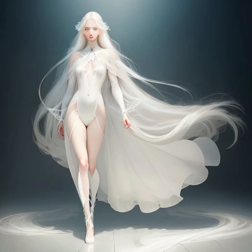 (realistic:1.37),long white hair,unrealistic face,tall white model,perfect complexion,endless legs,ethereal beauty,sharp cheekbones,mesmerizing eyes,pouty lips,fashionable attire,graceful pose,soft natural lighting,vivid colors,dreamy atmosphere,studio photoshoot,runway glamour