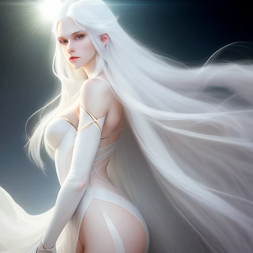 (realistic:1.37),long white hair,unrealistic face,tall white model,perfect complexion,endless legs,ethereal beauty,sharp cheekbones,mesmerizing eyes,pouty lips,fashionable attire,graceful pose,soft natural lighting,vivid colors,dreamy atmosphere,studio photoshoot,runway glamour