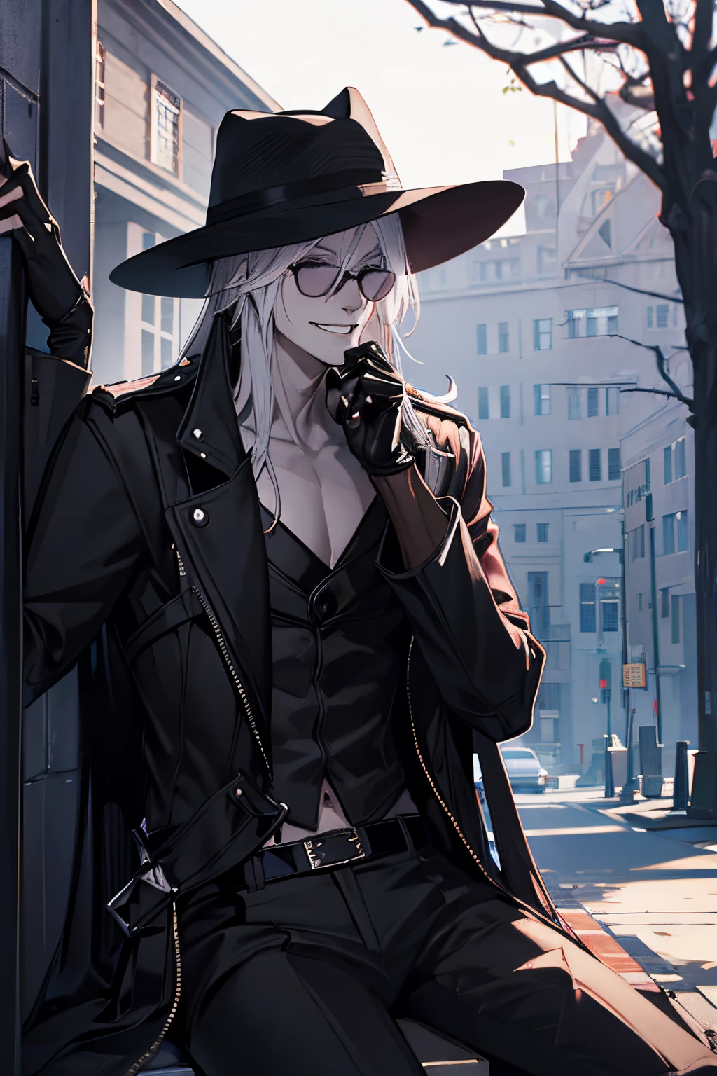 long black overcoat, black glasses, smirk, shitless, white hair, open overcoat, black pants, normal belt, anime guy, sitting on grave, night background, cemetery  background, tall boy, no shirt, black hat, a man in long overcoat sitting on a grave with his legs stretched out, 1boy, male focus, gloves, solo, black gloves, sunglasses, sitting, smile, black pants, mafia hat, black fedora hat, psycho face, dark expression, evil, remove inside shirt, abs, better face, medium hair sizd, white hair, open clothes, coat, fingerless black gloves, Cemitery fashion, gravedigger, Jojo artstyle, Jojo character, side view, 45° view, detailed shading, Jojo shading, high quality shadows, high detailed