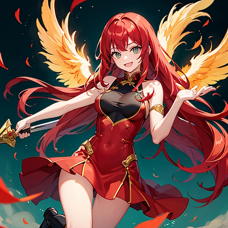 A cheerful girl who is the embodiment of a phoenix...、Redhead sidetail、bangss、green colored eyes、Red cheongsam（slit）、Thigh exposure、Long black boots、There are red feathers on the back、raise a hand、Fire Effects、holding swords、a smile