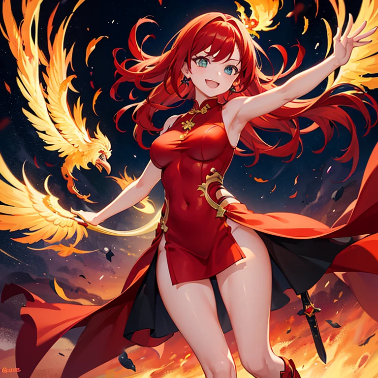 A cheerful girl who is the embodiment of a phoenix...、Redhead sidetail、bangss、green colored eyes、Red cheongsam（slit）、Thigh exposure、Long black boots、There are red feathers on the back、raise a hand、Fire Effects、holding swords、a smile