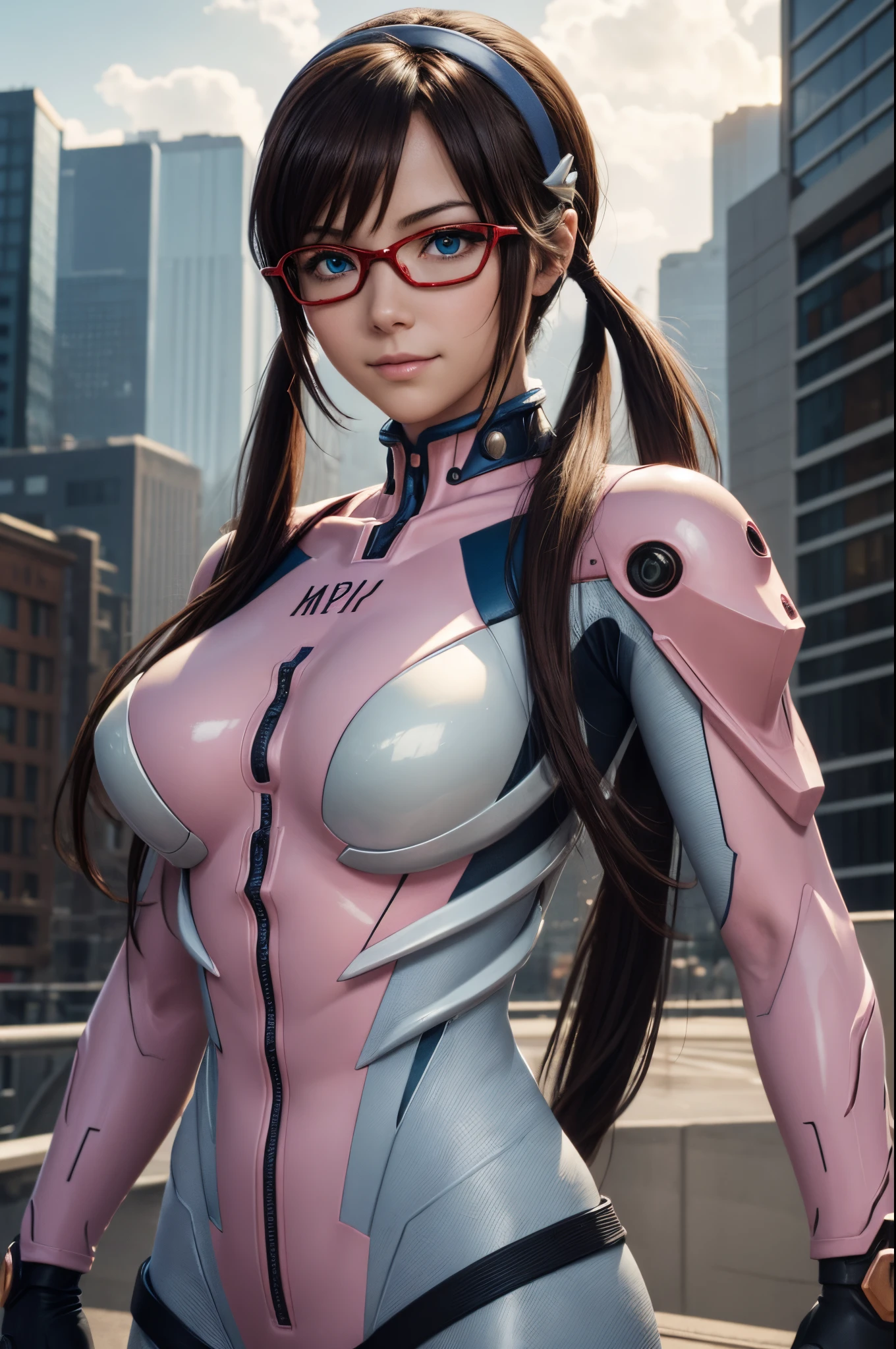 1girl, mari makinami, huge breasts, perfect body,long hair, brown hair, twintails, (low twintails:1.5), hairband, blue hairband, blue eyes, (parted bangs:1.5), smile, BREAK bodysuit, mecha, science fiction, red-framed eyewear, pilot suit, plugsuit, pink bodysuit, BREAK outdoors, city, sun, sky, clouds, BREAK looking at viewer, (cowboy shot:1.5), BREAK (masterpiece:1.2), best quality, high resolution, unity 8k wallpaper, (illustration:0.8), (beautiful detailed eyes:1.6), extremely detailed face, perfect lighting, extremely detailed CG, (perfect hands, perfect anatomy)