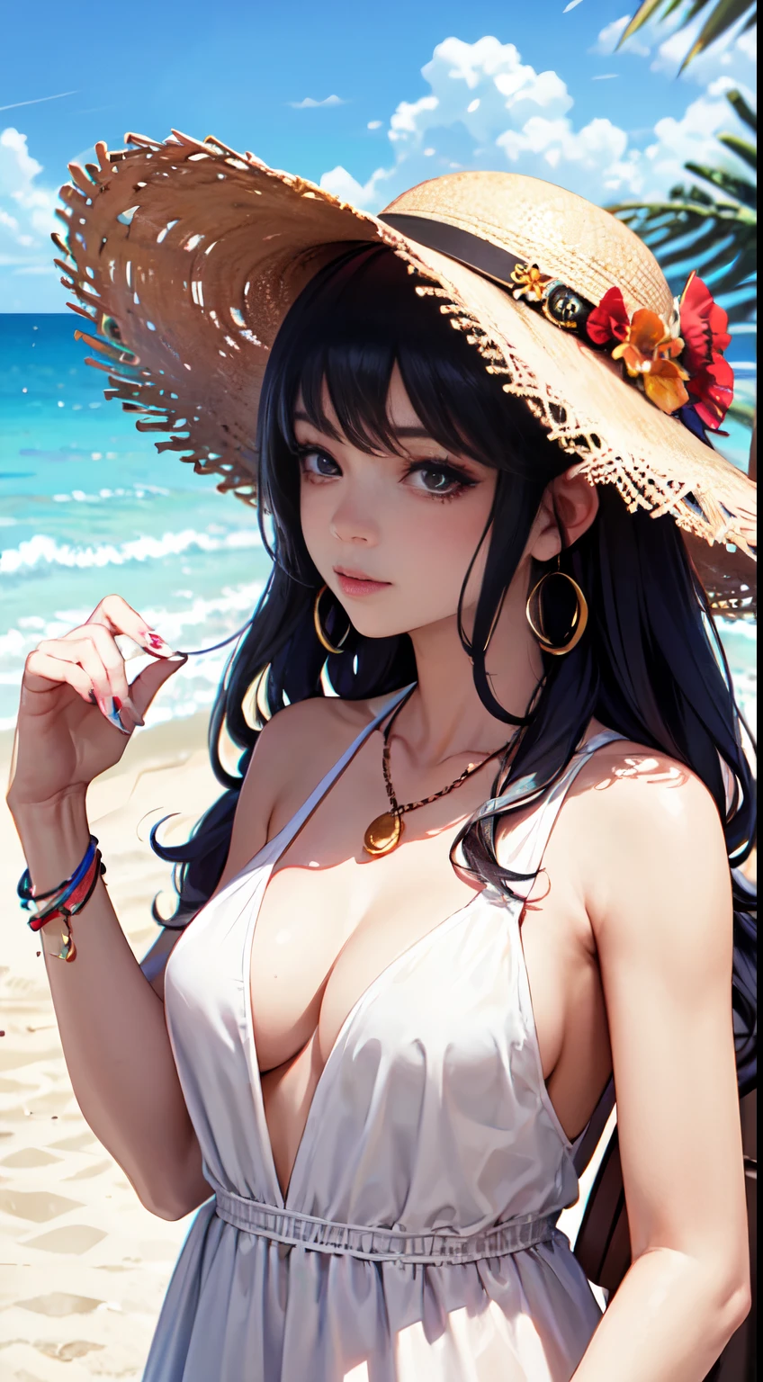 (masterpiece:1.2, best quality), (1lady, solo, upper body:1.2), Clothing: white flowy maxi dress, wide-brimmed hat, strappy sandals, Accessories: shell necklace, Hair: loose beach waves, Makeup: natural, glowing skin, Behavior: relaxed, carefree, free-spirited, Location: beach, resort, outdoor festival, red eyes, medium perky tits