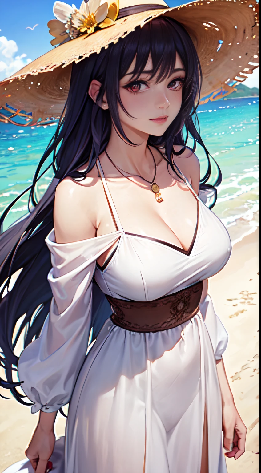 (masterpiece:1.2, best quality), (1lady, solo, upper body:1.2), Clothing: white flowy maxi dress, wide-brimmed hat, strappy sandals, Accessories: shell necklace, Hair: loose beach waves, Makeup: natural, glowing skin, Behavior: relaxed, carefree, free-spirited, Location: beach, resort, outdoor festival, red eyes, medium perky tits
