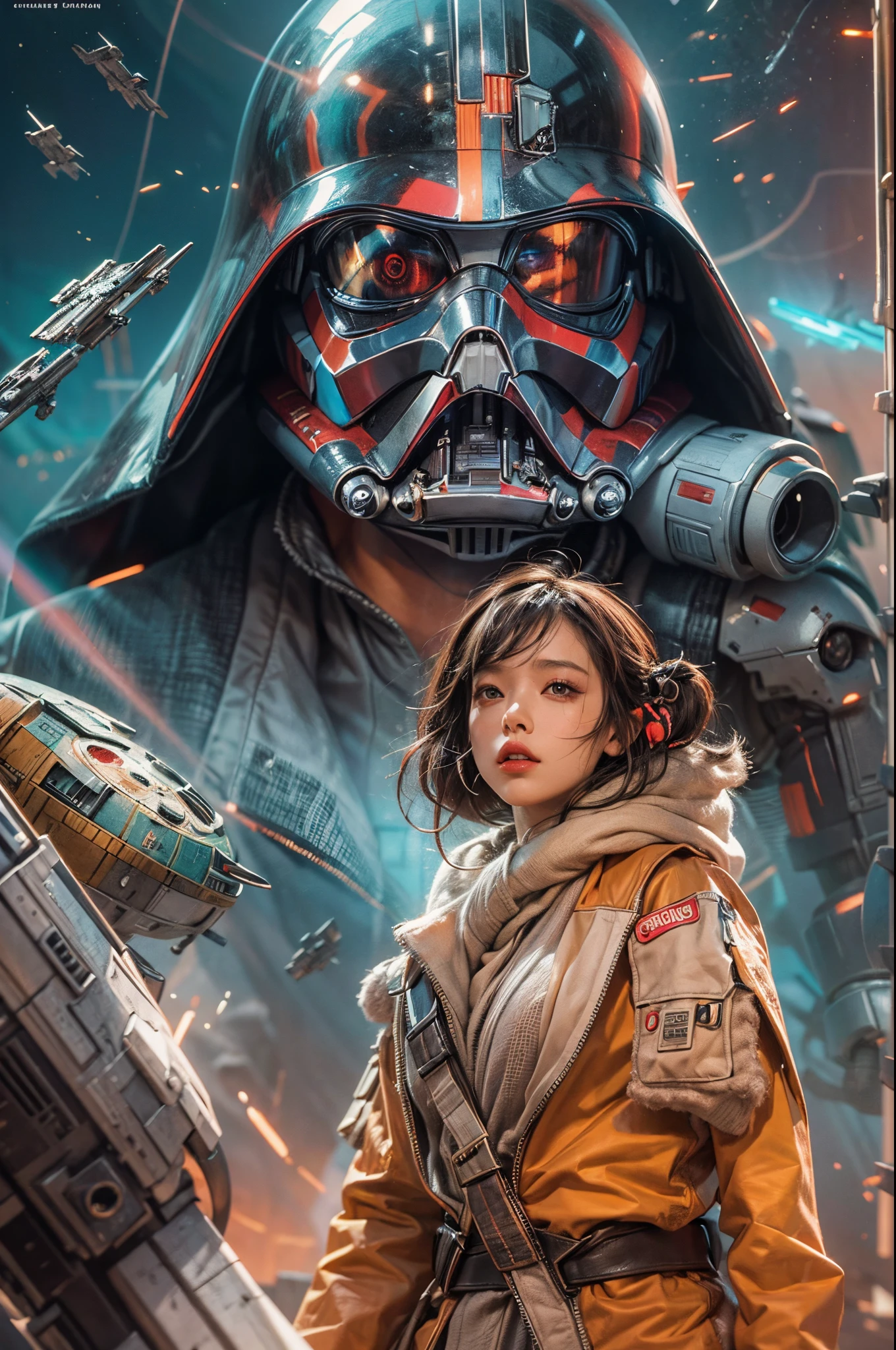 "((Animee)) book cover for Star Wars, dramatic scenes, ((expressive characters)), futuristic details, vibrant and ((captivating colors)), dynamic composition,