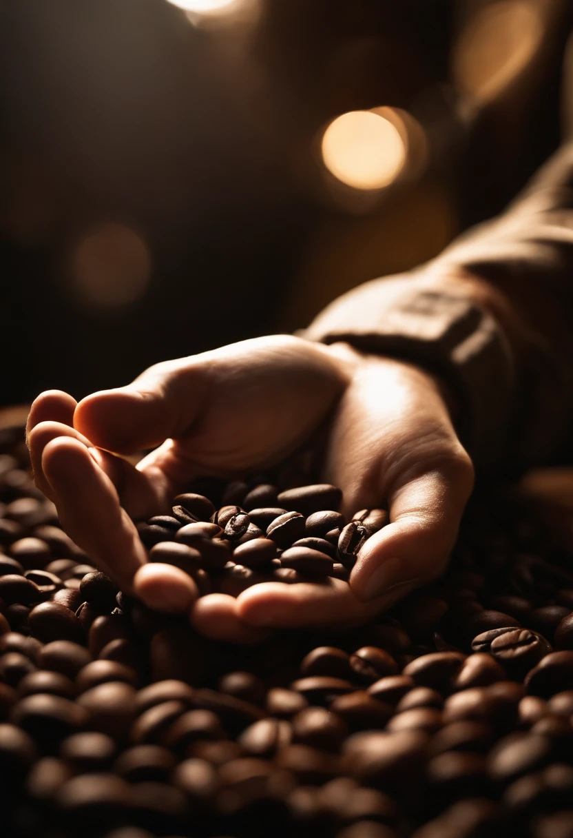 A close-up shot of a barista’s hand holding a handful of coffee beans, with sunlight filtering through them, creating a visually warm and inviting scene.