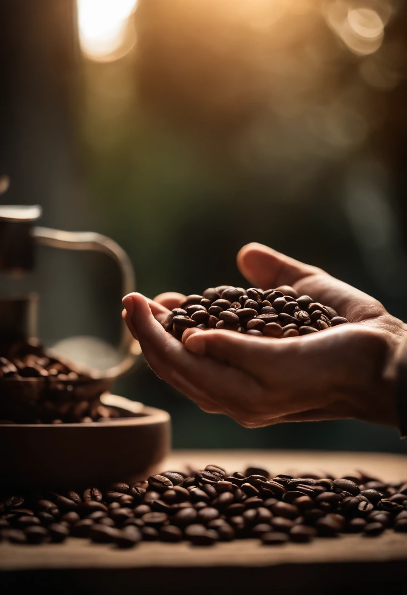 A close-up shot of a barista’s hand holding a handful of coffee beans, with sunlight filtering through them, creating a visually warm and inviting scene.
