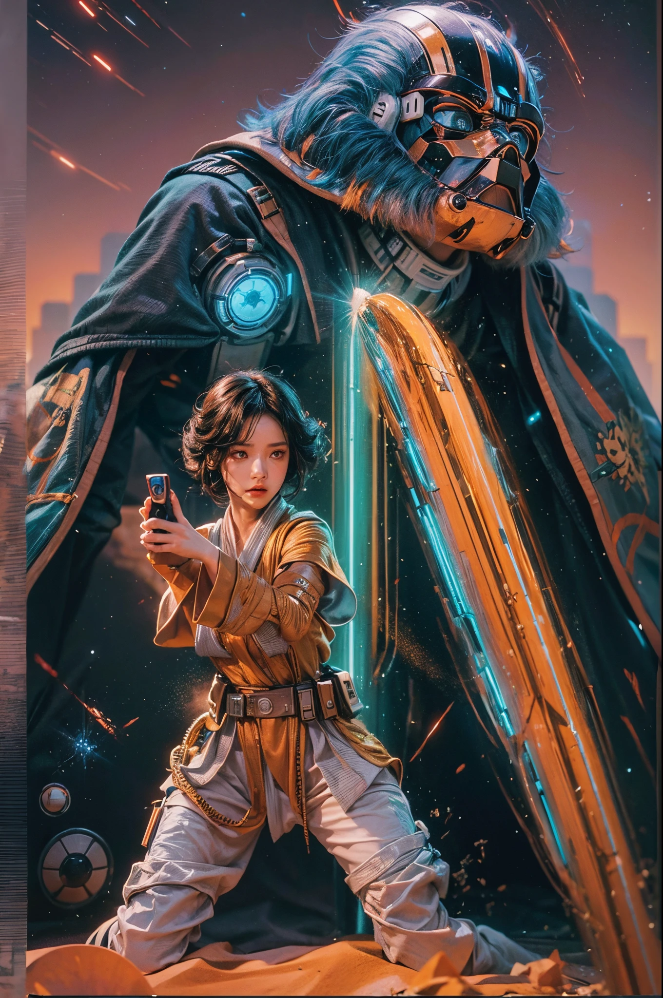 "((Animee)) book cover for Star Wars, dramatic scenes, ((expressive characters)), futuristic details, vibrant and ((captivating colors)), dynamic composition,