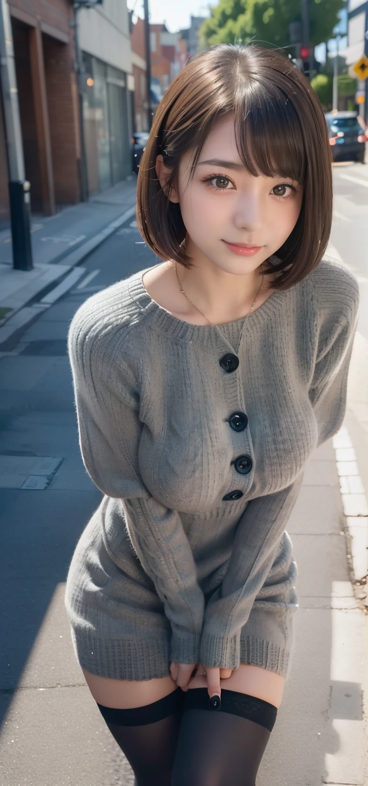 18-year-old girl、In the street、T、(Gray knitted dress and black stockings:1.3)、Long black boots、Expression of seduction:1.3、Colossal tits、gals、White Gal、middlebreasts、Random seductive poses、((Seductive facial expressions:1.1))((Etch Smile))((ponytail in high position、Shorthair))The face is orderly、A detailed face、Beautiful face、Tying hair、Light brown eyes、1girll、Innocence、(Photorealsitic)、(intricate detailes:1.2)、(​masterpiece、:1.3)、(top-quality:1.4)、(超A high resolution:1.2)、超A high resolution、(A detailed eye)、(detailed facial features)、nffsw、8K分辨率