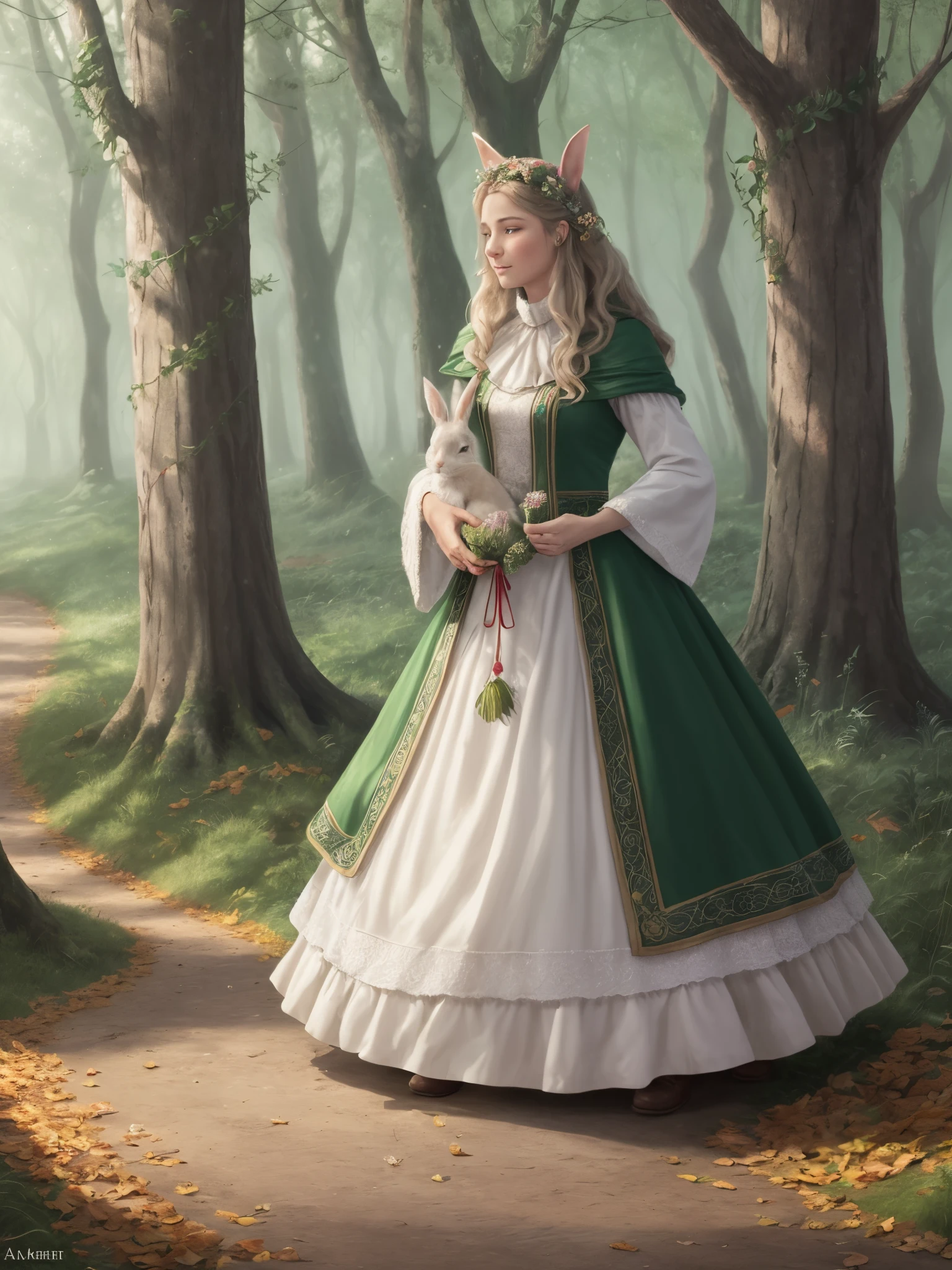 As AIsel continued her journey through the woods, Thistle became her steadfast companion..."  AIsel's small feet trod upon a carpet of fallen leaves, the woods embracing her in a tapestry of earthy scents and dappled sunlight. Beside her, Thistle, a snow-white rabbit, hopped with purpose, his whiskers twitching in rhythm with their steps. -- The image is 4k --auto --s2