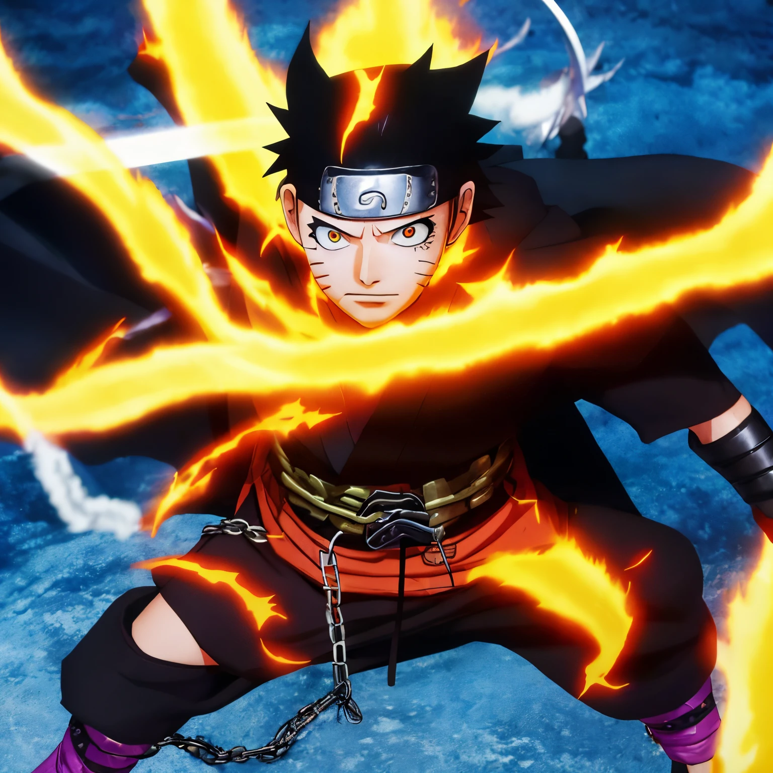 Naruto with black hair and scar over right eye and chains around his arms and cloak with a katana and sournded by flames