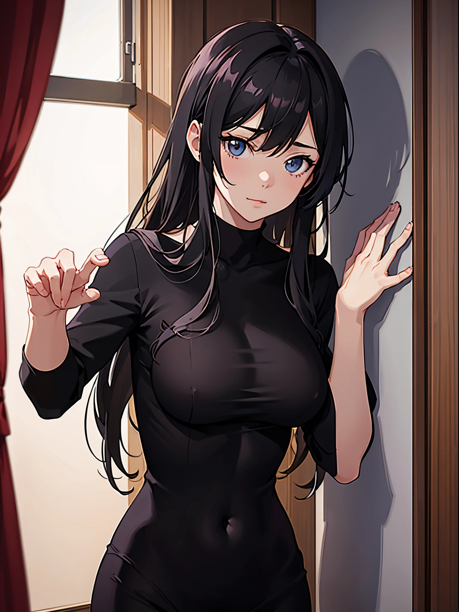 A woman leaning against the door posing for a photo, The head is not exposed，Wearing half-sleeved upper body，[ 4K realism ]!!, [ 4K realism ]!!!, [ 4K digital art ]!!, Realistic shadow perfect body, realisticlying!!!!!!! art-style, photorealistic anime, by Shitao, Popular topics on cgstation, Casual pose, realistic anime 3D style