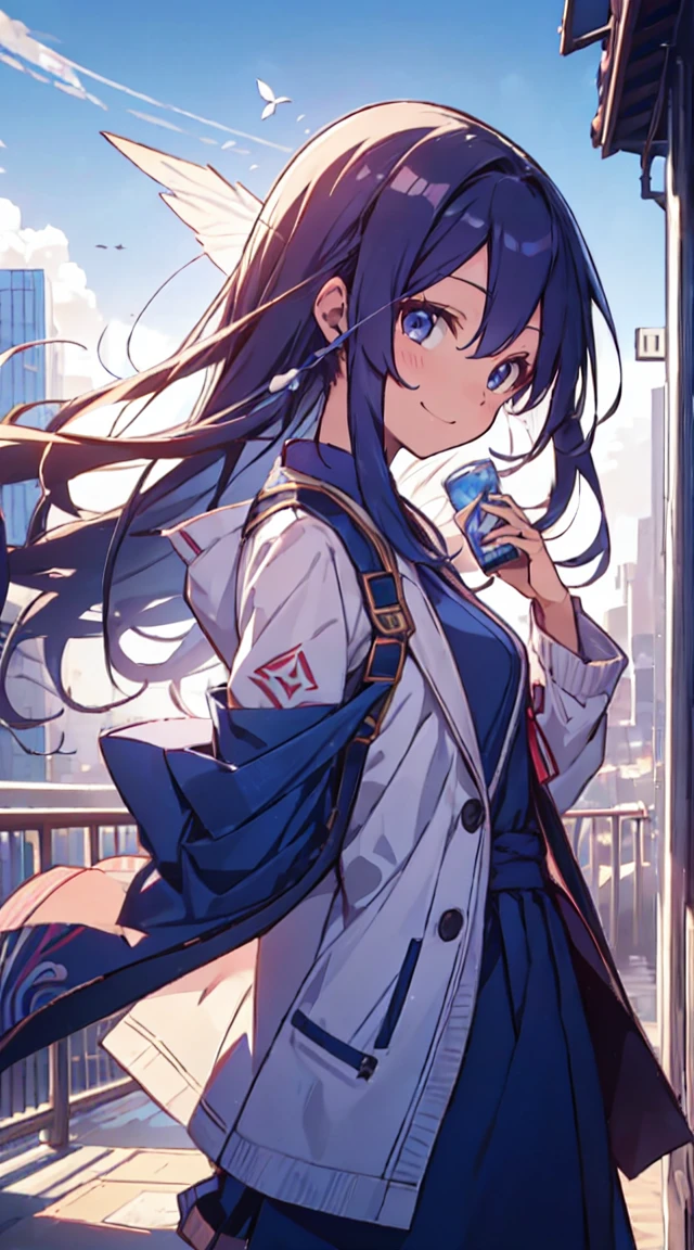 masutepiece, Best Quality,Illustration, Wallpaper, ultra -detail, a beauty girl、Hair fluttering in the wind、♡、Futomo、Poses in motion、A slight smil、Inside the city