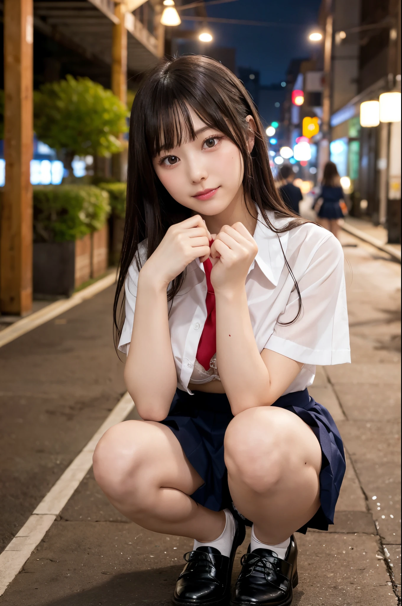 took a full body photo of a Japanese girl wearing a school uniform, Squatting in the downtown area at night、She was in a sexy pose with a lascivious face, she must have thic and sexy areolas, A dark-haired, Twin-tailed、Huge chest about to burst、Please make her look like a typical Japanese school girl in a white blouse, Make sure your photos look authentic、Raise the hem of the skirt with both hands,Flipping up a skirt,Japan schoolgirl in uniform、Short seat height、The upper body is not long、Black leather shoes、a necklace、Phenomenally cute、years、((You can see fancy panties))、(Squatting panty shots),Navy blue micro mini pleated skirt,See-through wet white shirt and flashy bra,((top-quality,8K,?masterpiece:1.3)),Crisp focus:1.2,Cute woman with perfect body shape:1.4,Highly detailed facial and skin texture,A detailed eye,二重まぶた,mekosji,((full body Esbian,Open legs:1.5,)),(japanaese girl),(Do not hide the lower body:1.6),Bokeh background、Nogizaka Idol System、Idol、hposing Gravure Idol、The exact number of fingers on the hand、