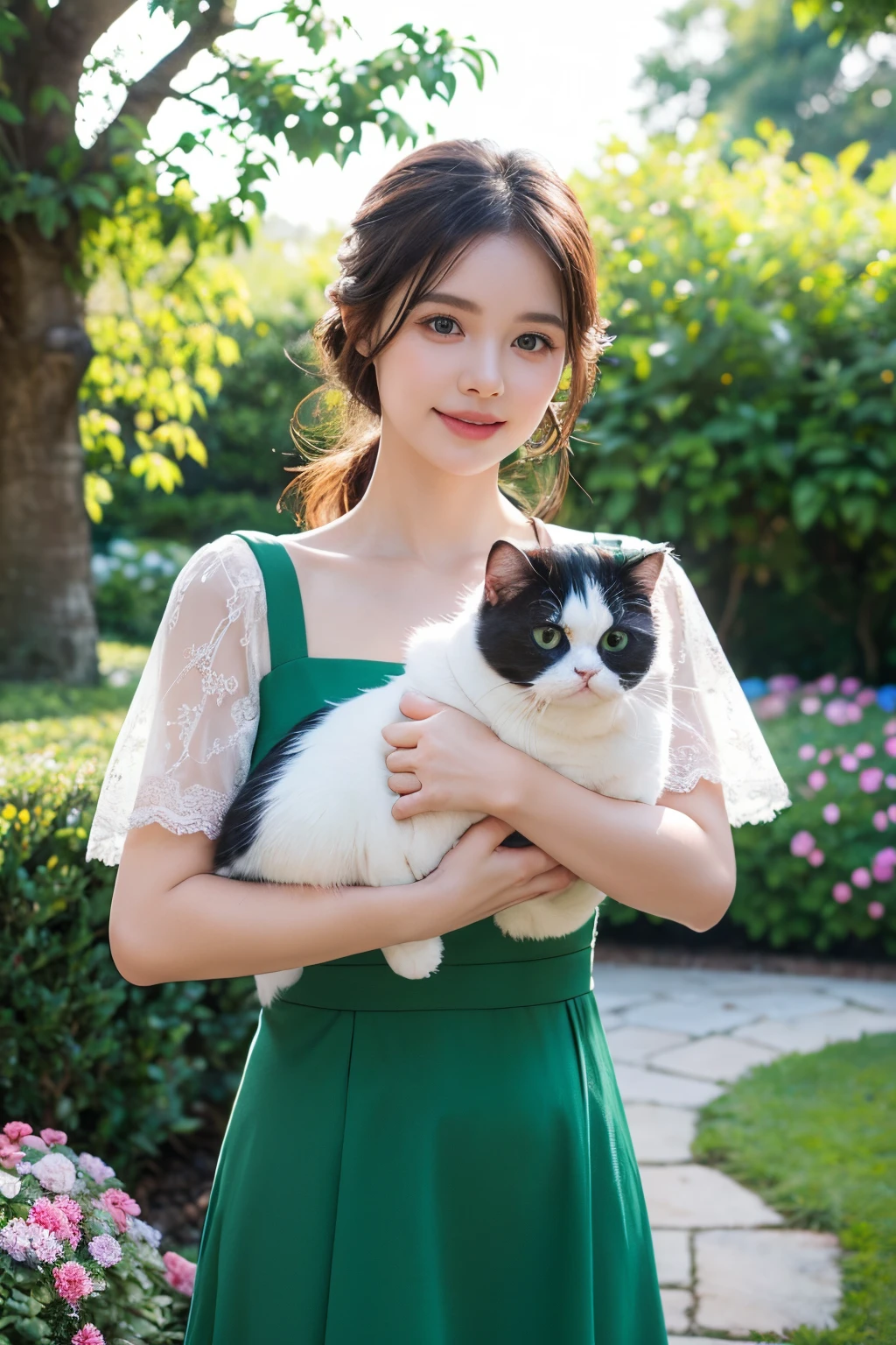 A girl with a Scottish Fold cat, (best quality, realistic:1.37), vivid colors, portraits, a garden scene, soft lighting, beautiful detailed eyes, beautiful detailed lips, youthful appearance, gentle smile, bright-colored dress, holding the cat in her arms, surrounded by colorful flowers and green trees.