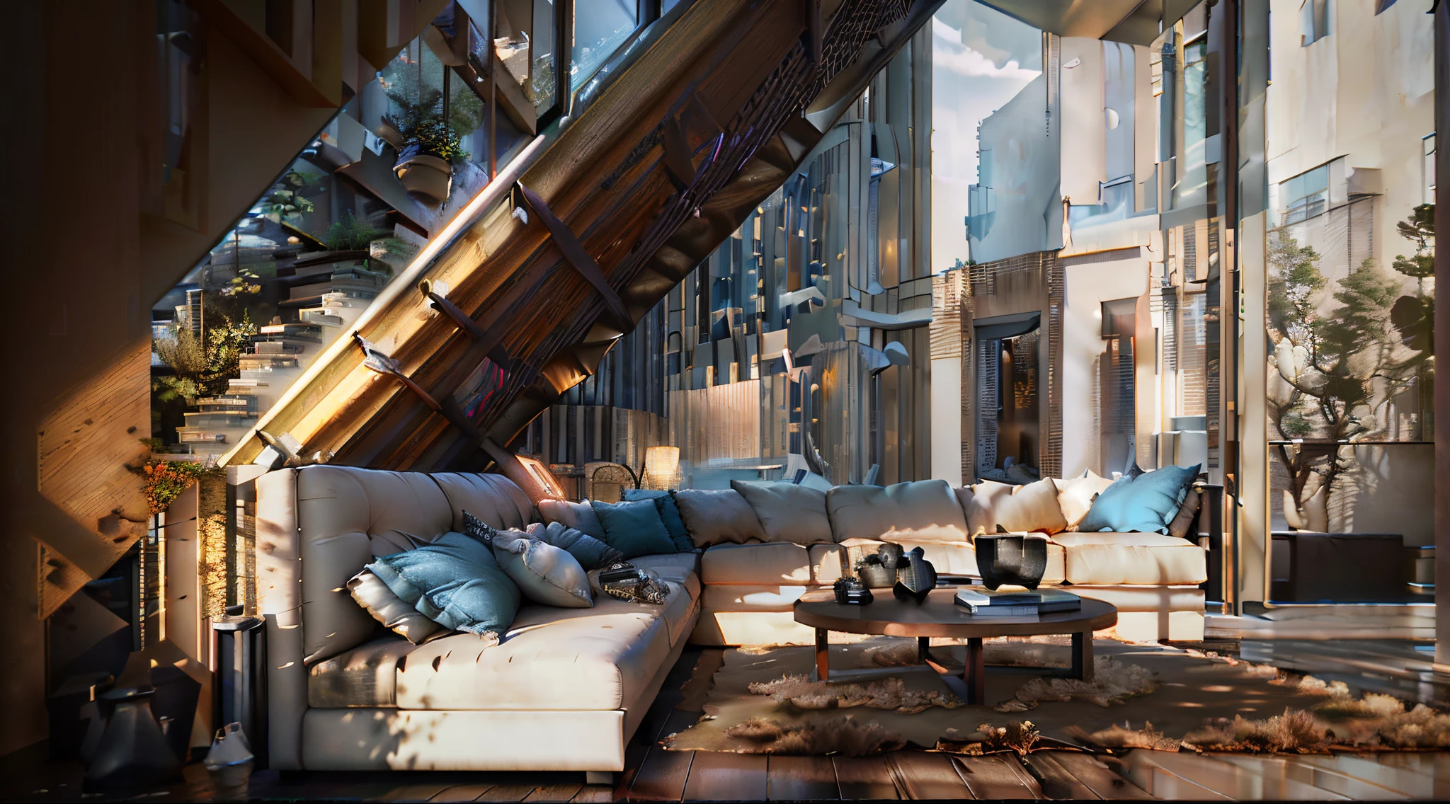 Room with large windows with sofa and table, building rendering, building rendering, archviz, archviz, detailed archviz render, architectural 3d render, with backdrop of natural light, Dramatic lighting rendering, Award-winning rendering, Vray rendering, archviz, dramatic rendering, atmospheric render, Encapsulated rendering, realistic physical rendering