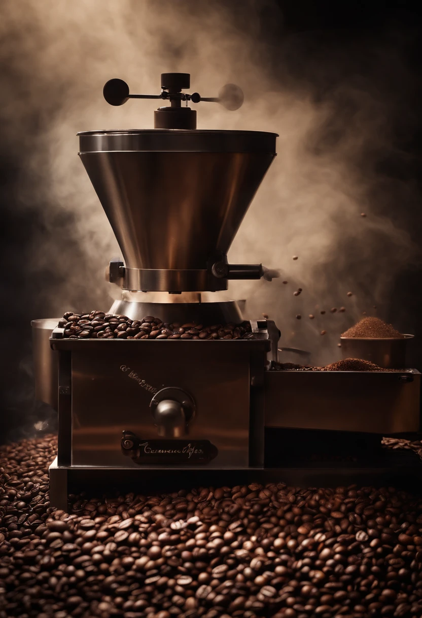 A high-resolution image of a coffee bean roasting machine, with coffee beans tumbling inside, capturing the industrial and dynamic process of transforming raw beans into flavorful roasted coffee.