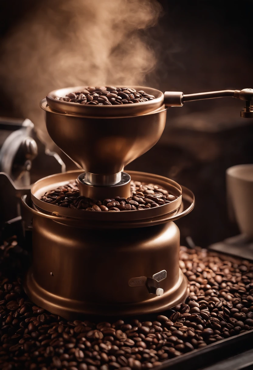 A high-resolution image of a coffee bean roasting machine, with coffee beans tumbling inside, capturing the industrial and dynamic process of transforming raw beans into flavorful roasted coffee.