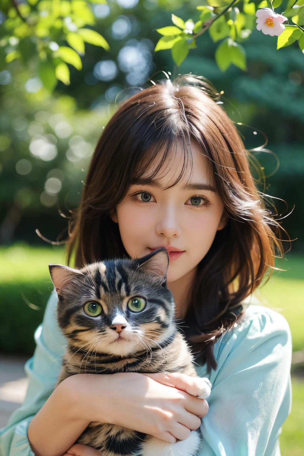 A girl with a Scottish Fold cat, (best quality, realistic:1.37), vivid colors, portraits, a garden scene, soft lighting, beautiful detailed eyes, beautiful detailed lips, youthful appearance, gentle smile, bright-colored dress, holding the cat in her arms, surrounded by colorful flowers and green trees.