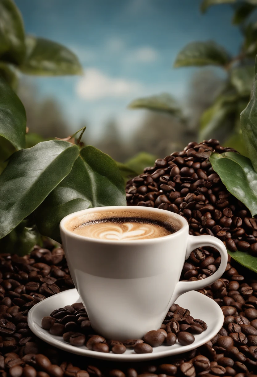 A visually stunning composition of a coffee cup surrounded by spilled coffee beans, creating a visually whimsical and playful scene.