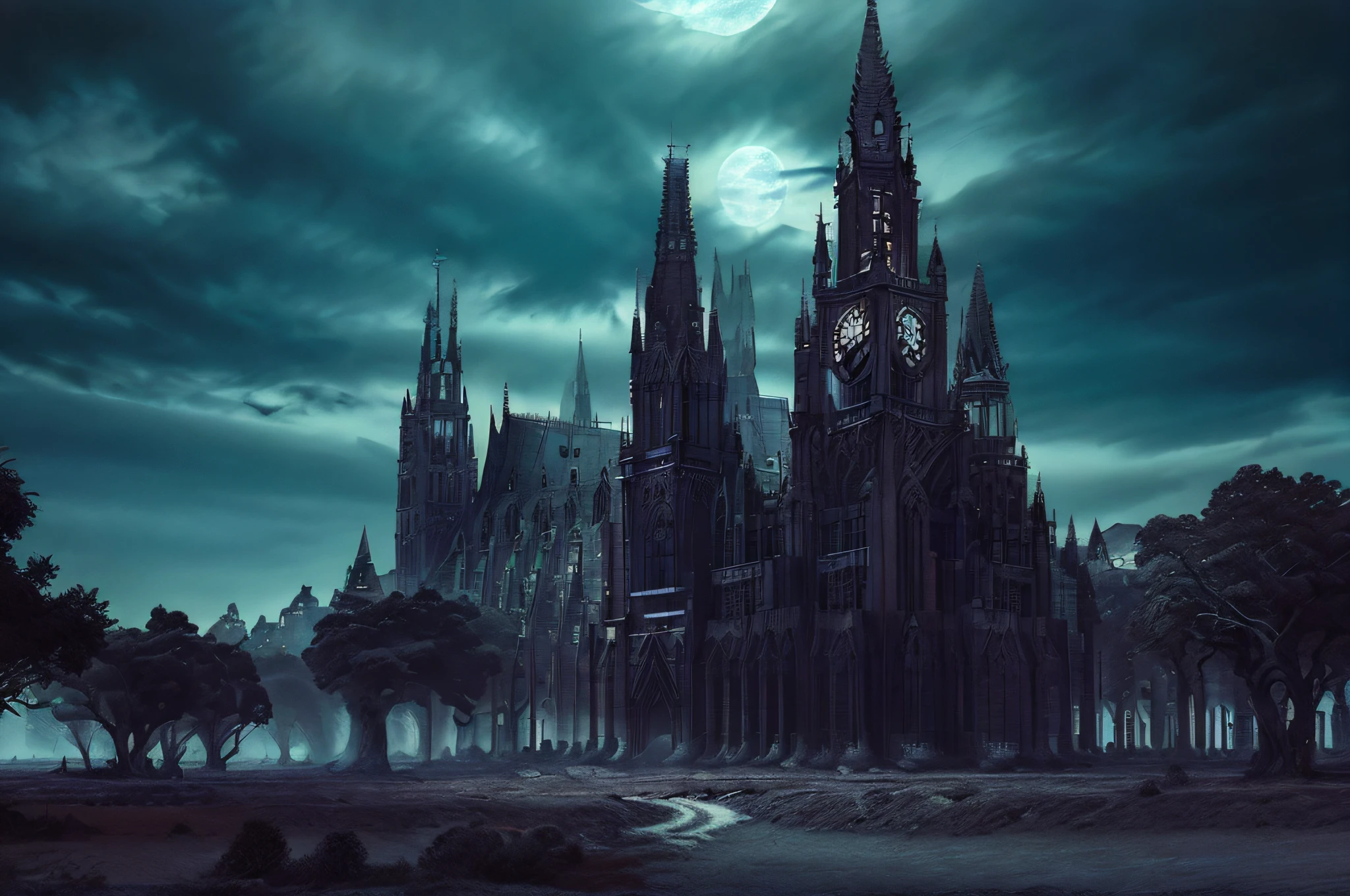 GothicHorrorAI cathedral , stylized, (architecture), landscape, (haunted, desolate, night, dark), (GothicHorrorAI fractals)