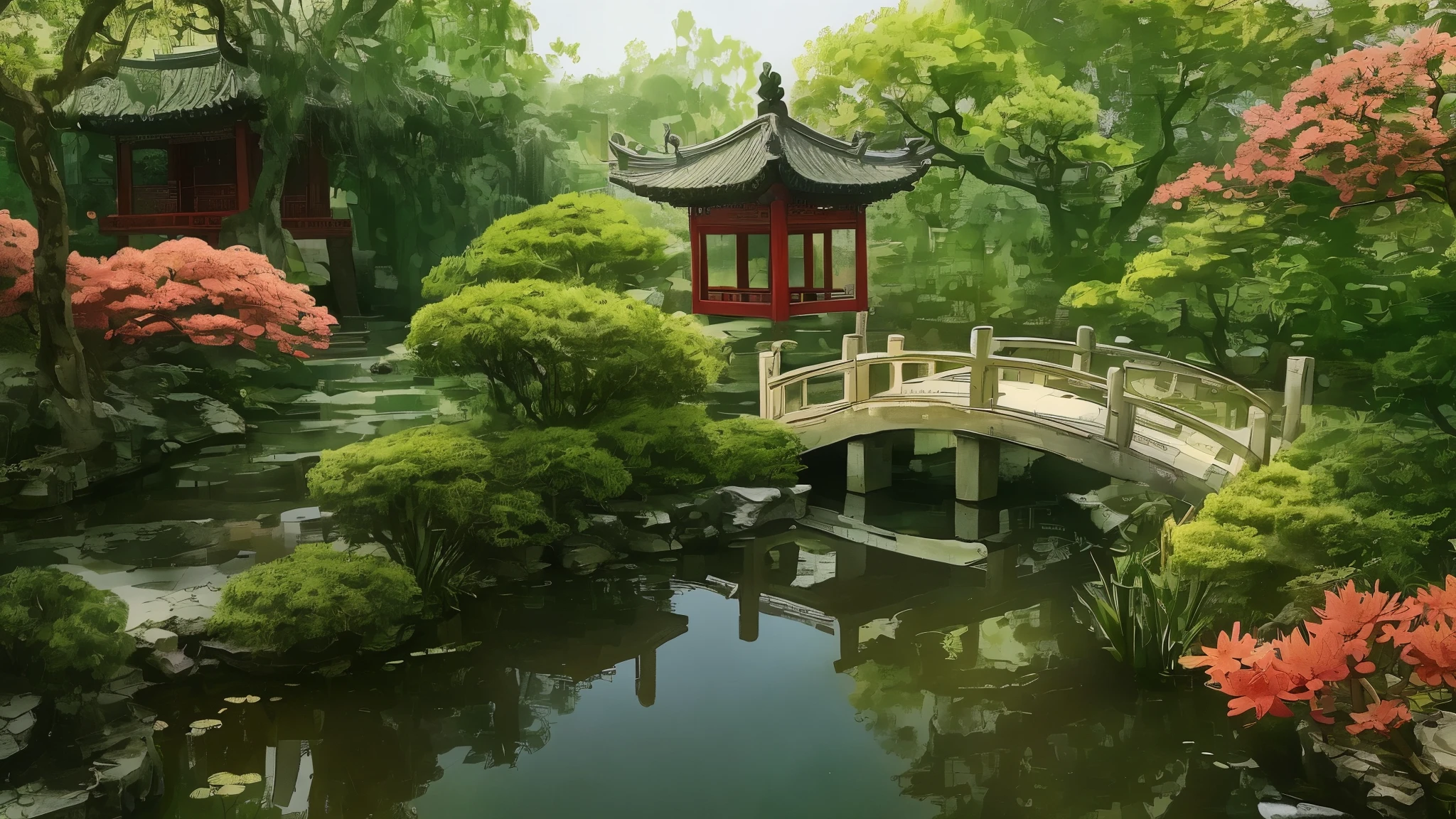 There is a bridge in the Chinese garden，Across a small pond, Chinese classical