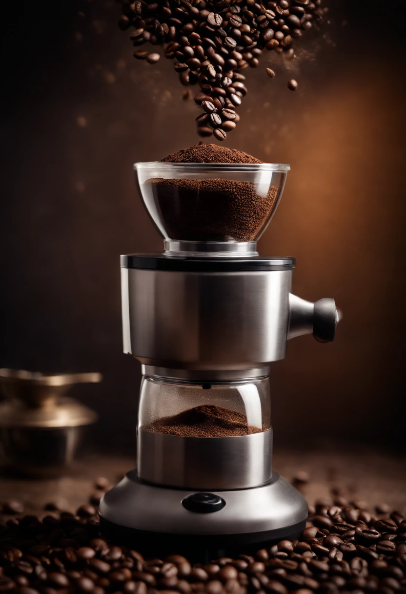 A close-up shot of a coffee bean being ground by a burr grinder, with coffee particles floating in the air, capturing the precision and expertise involved in achieving the perfect grind for brewing