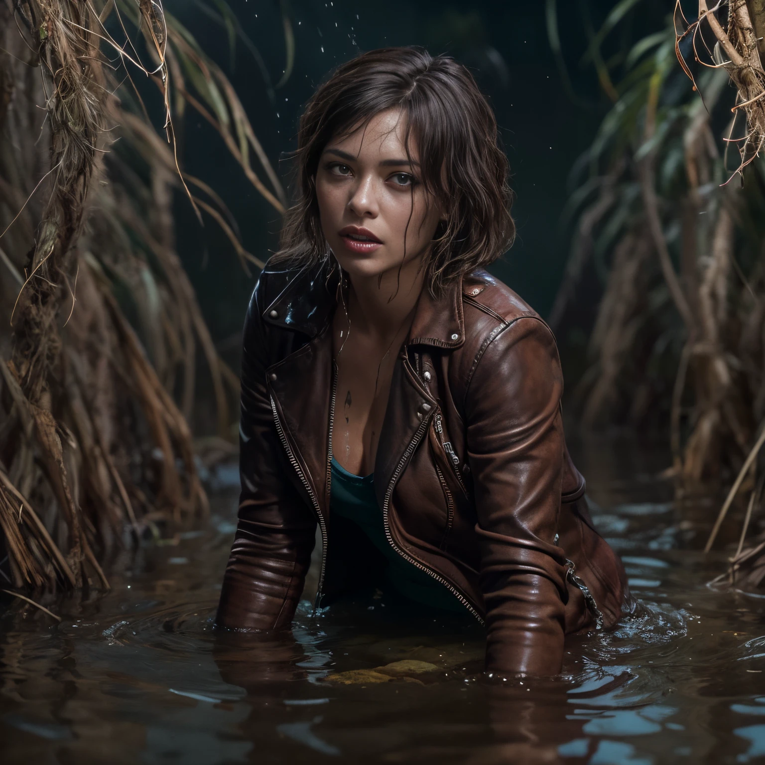 The woman, in a leather jacket, wearing jeans, drowning in a swamp, lonely sex:1.1, fetish,gloomy ecstasy:1.2, shame, as the brown liquid soaks her clothes. (Best Quality,4k,8K,hight resolution,Masterpiece:1.2), Ultra-detailed, (Realistic,Photorealistic,photo-realistic:1.37), HDR, UHD, studio lightning, extreme detail description, Professional, Vivid colors, bokeh, portrai, brown color tones, dramatic  lighting.