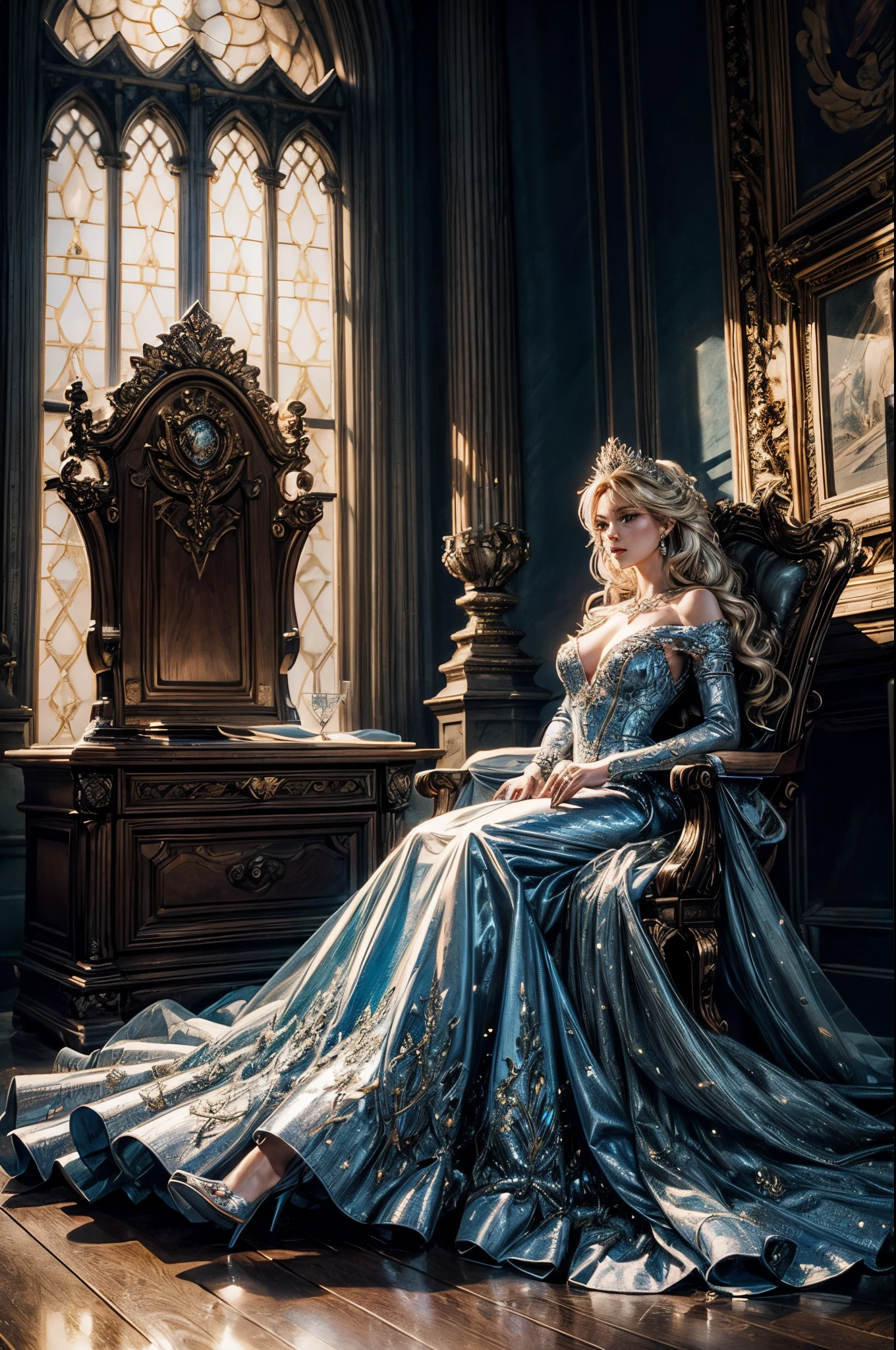realistic art wallpaper, full body scale image, Princess Cinderella exposed boobs realistic image, sitting like badass in queen chair  in castle, hair blowing in the wind, glass slipper, blue ballgown, golden beautiful hair, jewelry, beautiful face, perfect face, beautiful body, beautiful features, sharp intricate details, bright lighting, magical, sharp, perfect, 4k, 8k