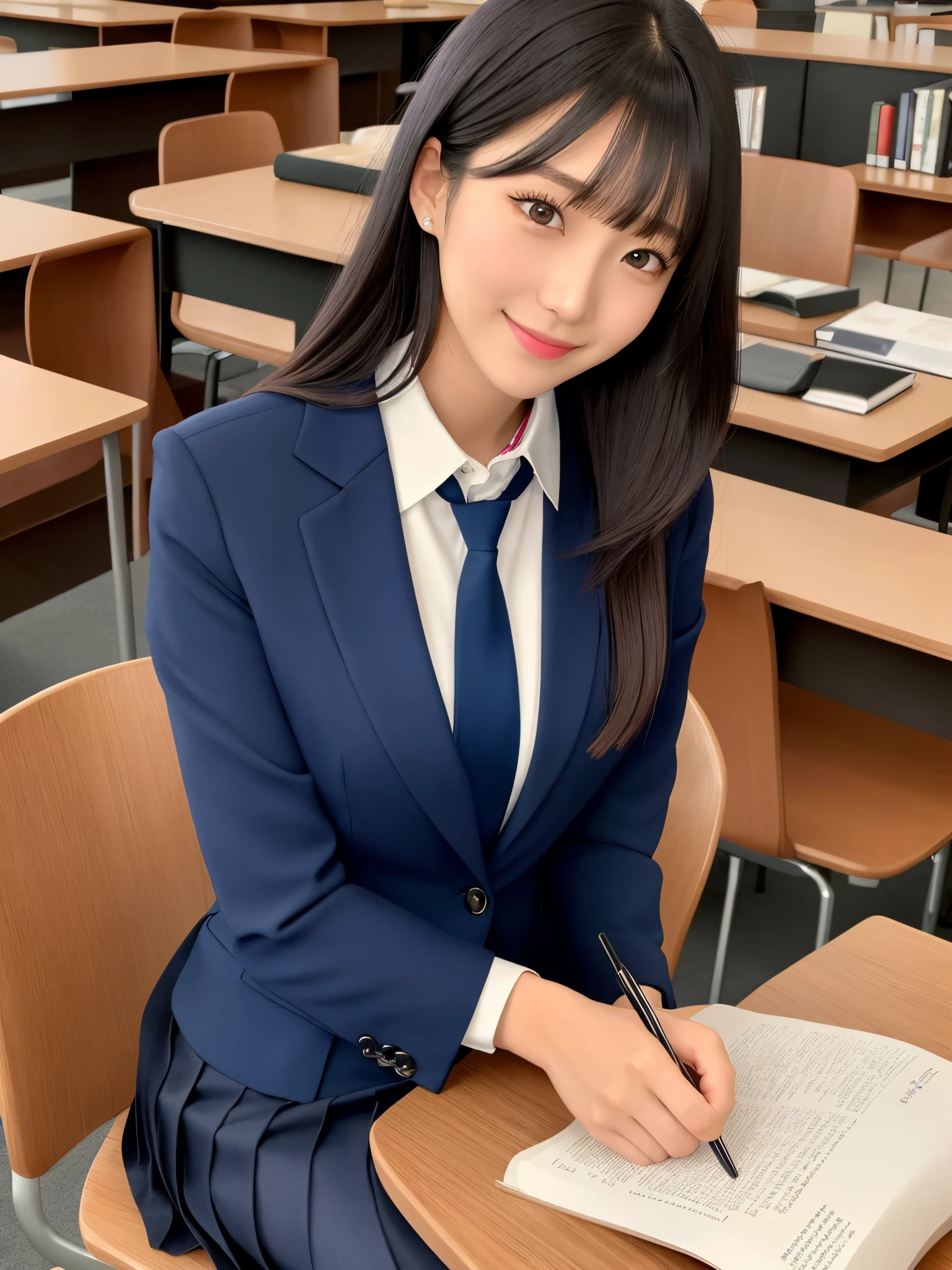 product quality, 1girl, upperbody shot, front view, a Japanese young pretty woman, long bob hair, studying on a chair in front of a desk in a library with a big smile in a high school, glamorous figure, wearing a dark blue blazer over a white collared shirt、wearing a shiny satin dark blue plain long tie, wearing a dark blue pleated skirt, hyper cute face, glossy lips, double eyelids in both eyes, natural makeup, long eyelashes, shiny smooth light brown long bob hair, asymmetrical bangs, skin tanned, central image, high resolution, high detailing, detailed hairstyle, detailed face, spectacular movie lighting, octane rendering, vibrant, hyper realistic, perfect limbs, perfect anatomy