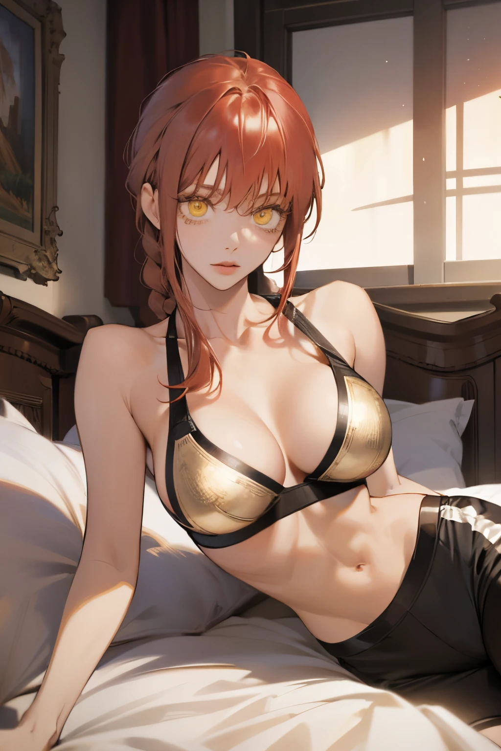 (masterpiece),(best quality:1.0), (ultra highres:1.0), detailed illustration, 8k, anime, makima chainsawman, 1girl, sexy anime girl, half body shot, lips, shiny skin, big breasts, busty figure, perfect curves, pretty face, detailed face, beautiful eyes, detailed eyes, (((gold eyes))), highlights in eyes, pretty lips, braid hair, (((red haircolor))), beautiful stylish hair, highlights in hair、Black Sports Bra 、Black sports shorts、Slimed、Dark bedroom、Thin abs、on the bed、lying down