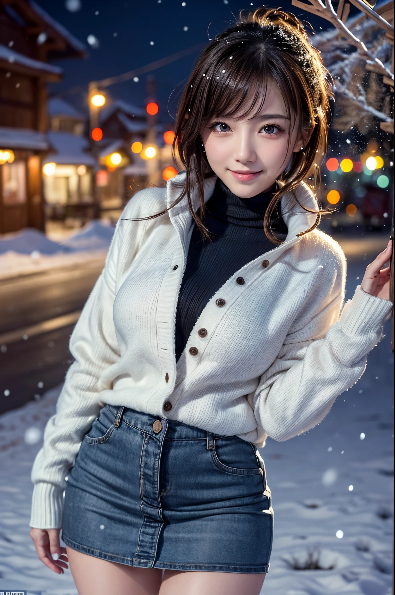 (masutepiece:1.3, Photorealsitic:1.4, 8K), top-quality, masterpiece, 超A high resolution, Perfect dynamic composition, Highly detailed skin and facial texture:1.3, A detailed eye, Detailed limbs, Winters, (snowflakes falling:1.2), Snowfall landscape at night:1.2, 1girl in, Cute sexy 17 year old slim woman, Fair skin, (Snow fell on my body and clothes:1.2), ((A smile:0.9, Totally captivates you:1.0)), (Thick short jacket over long sleeve turtleneck sweater:1.3, High waist mini skirt:1.1), ((voluptuous breasts:1.05)), Short boots, (Facing the front, Frolic Pose), (Beautiful blue eyes, Eyes that feel beautiful eros:0.85), Sexy face:0.4, (A mouthfeel that feels beautiful eros:0.85), ((Too cute beauty:0.9))