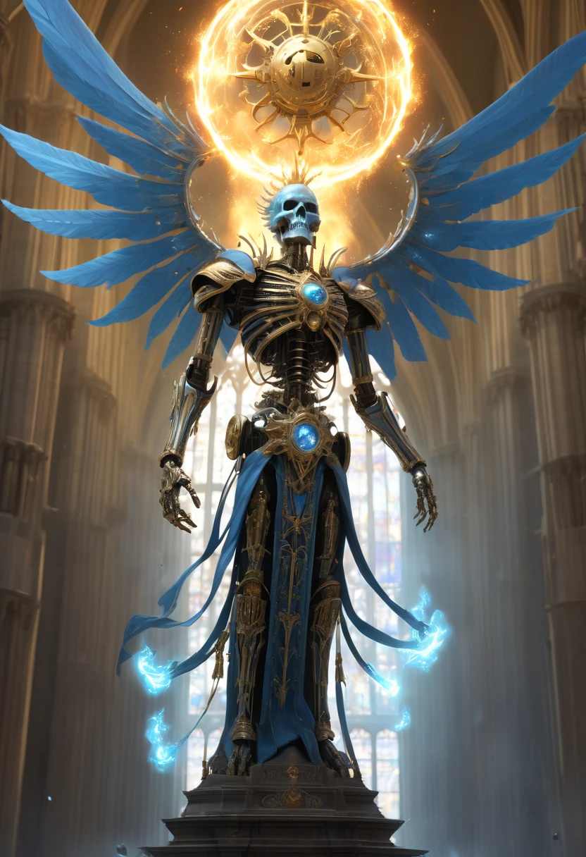 (android mechanical lich hovering above a gothic cathedral)=2.0, robot wings:Unholy Bioluminescent Flame,earnst haeckel, james jean. generative art, baroque, intricate patterns, fractalism, movie still, photorealistic, intricate, elegant, highly detailed, artstation, smooth, sharp focus, illustration, outrun, vaporware,epic wide angle shot, (monsters trapped in orbs of pure unholy celestial aura), angle from side, (Golden Death Mask) = 1.8, cinematic lighting, (unholy fire raining in the background lighting the scene) = 1.0, Yawning:Blank Stare, (looking at viewer), {Masterpiece}, ((Massive Unholy blue flame meteors falling in background))=1.7