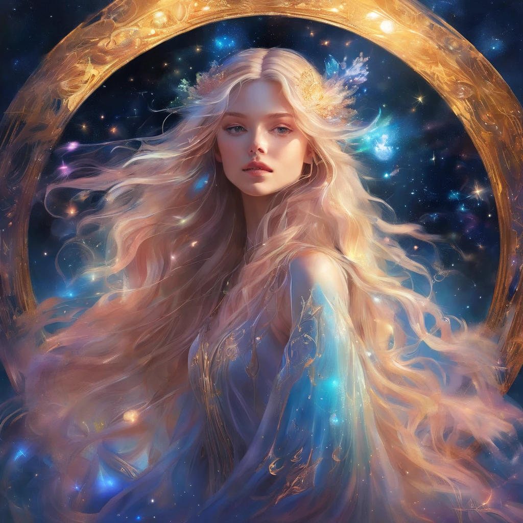 A woman with long hair and a flowing dress stands in the darkness, Blonde girl in cosmic dress, Amazing young ethereal figure, cosmic goddess, Astral appearance, galaxy goddess, Space Girl, Astral Fairy, Divine cosmic feminine power, Cosmic hair anime girl, goddess of space and time, Channeling rotational energy, A glowing halo surrounds her，Light，cleanness，Reflective，refractions，Ray traching，super-fine，Hyper-realistic，best qualtiy