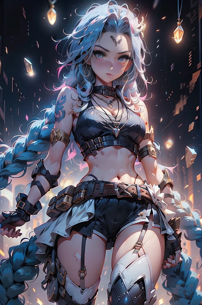 league of legend, (jinx \(league of legends\), 1girl, Blue double braids, Alone、full body shot of,standing on your feet,head to toe,Slim figure、White network set、White plastic tights with thin clothes, Gold gloves、 ((mini-skirts)),Wear pink tights under skirt、 (Full body suit that does not expose skin), shiny thin clothes、White plastic ceramic full body suit、Fitted armor,jinxlol